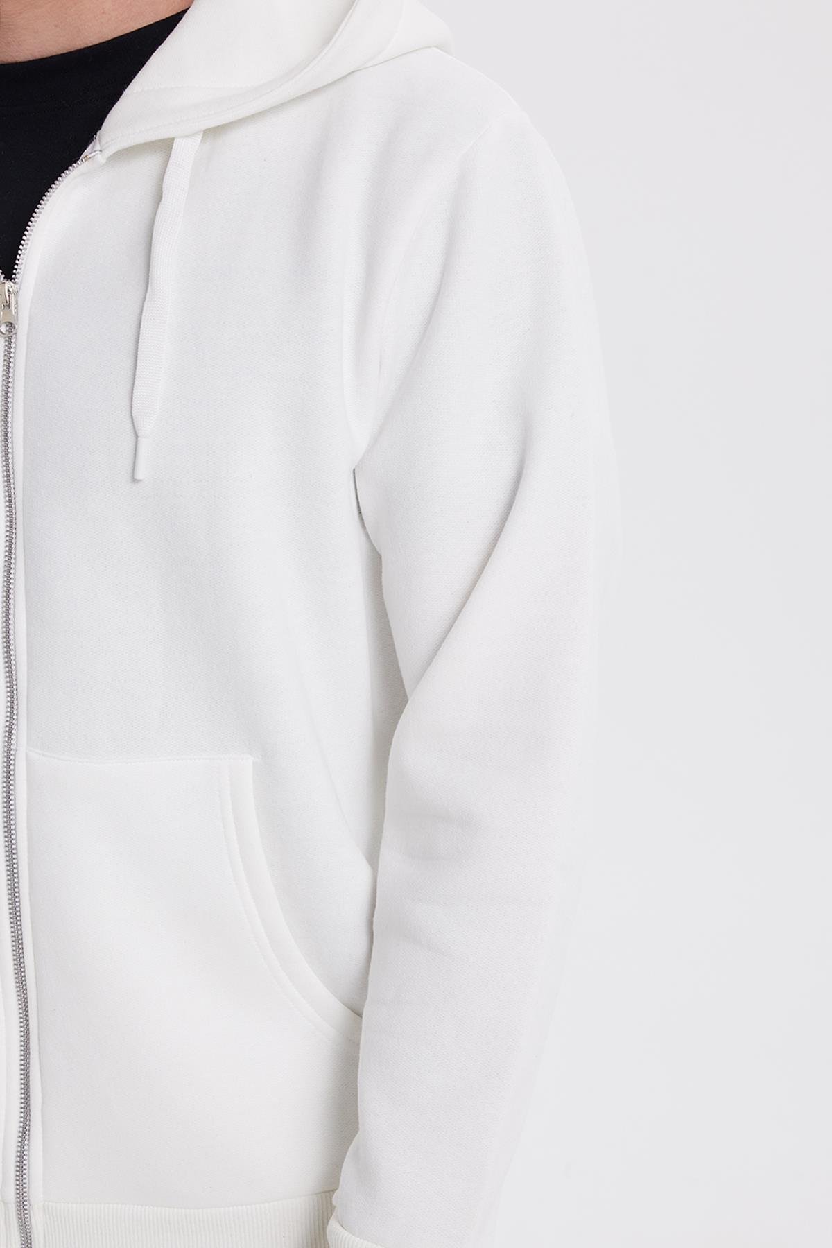 TUDORS Unisex Relax Fit Rahat Kesim Pamuklu İçi Polarlı Çift Cepli Tam Fermuarlı Beyaz Kapüşonlu Sweatshirt görsel 3