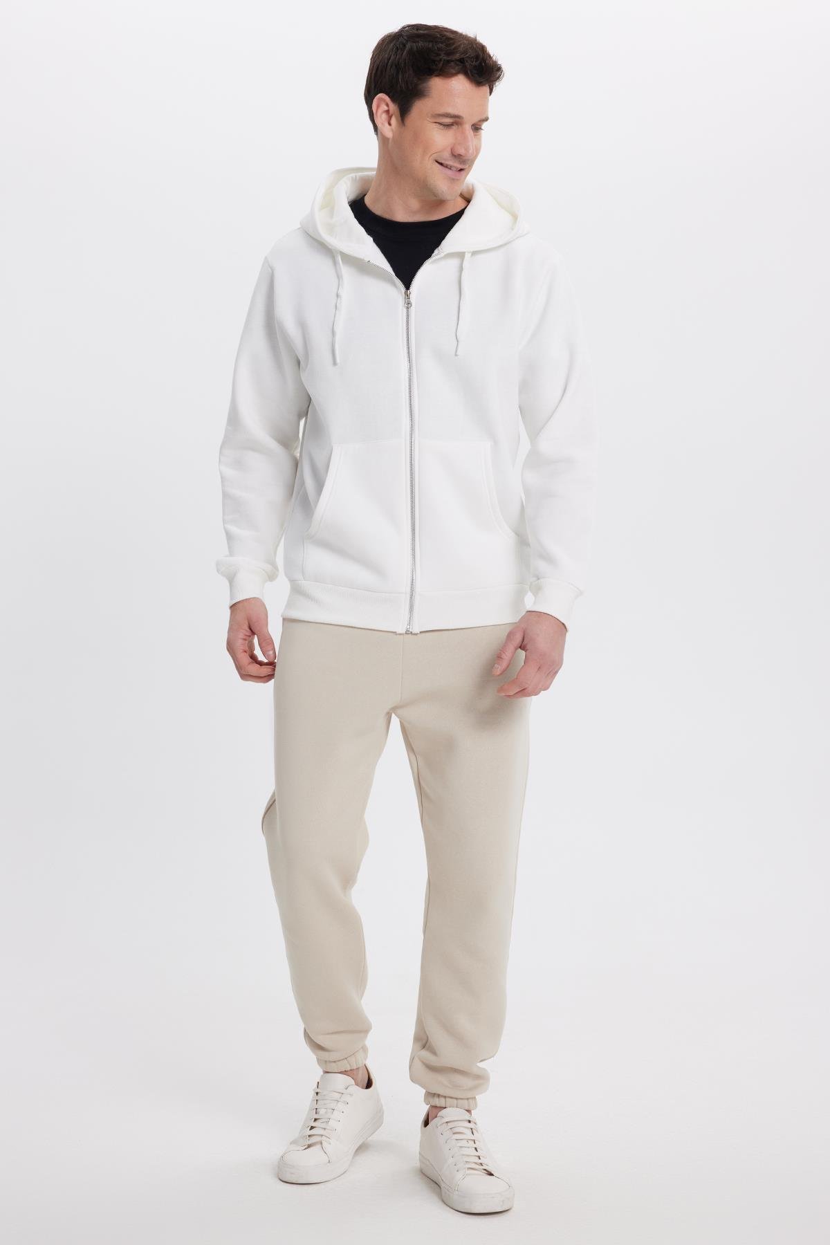TUDORS Unisex Relax Fit Rahat Kesim Pamuklu İçi Polarlı Çift Cepli Tam Fermuarlı Beyaz Kapüşonlu Sweatshirt görsel 4