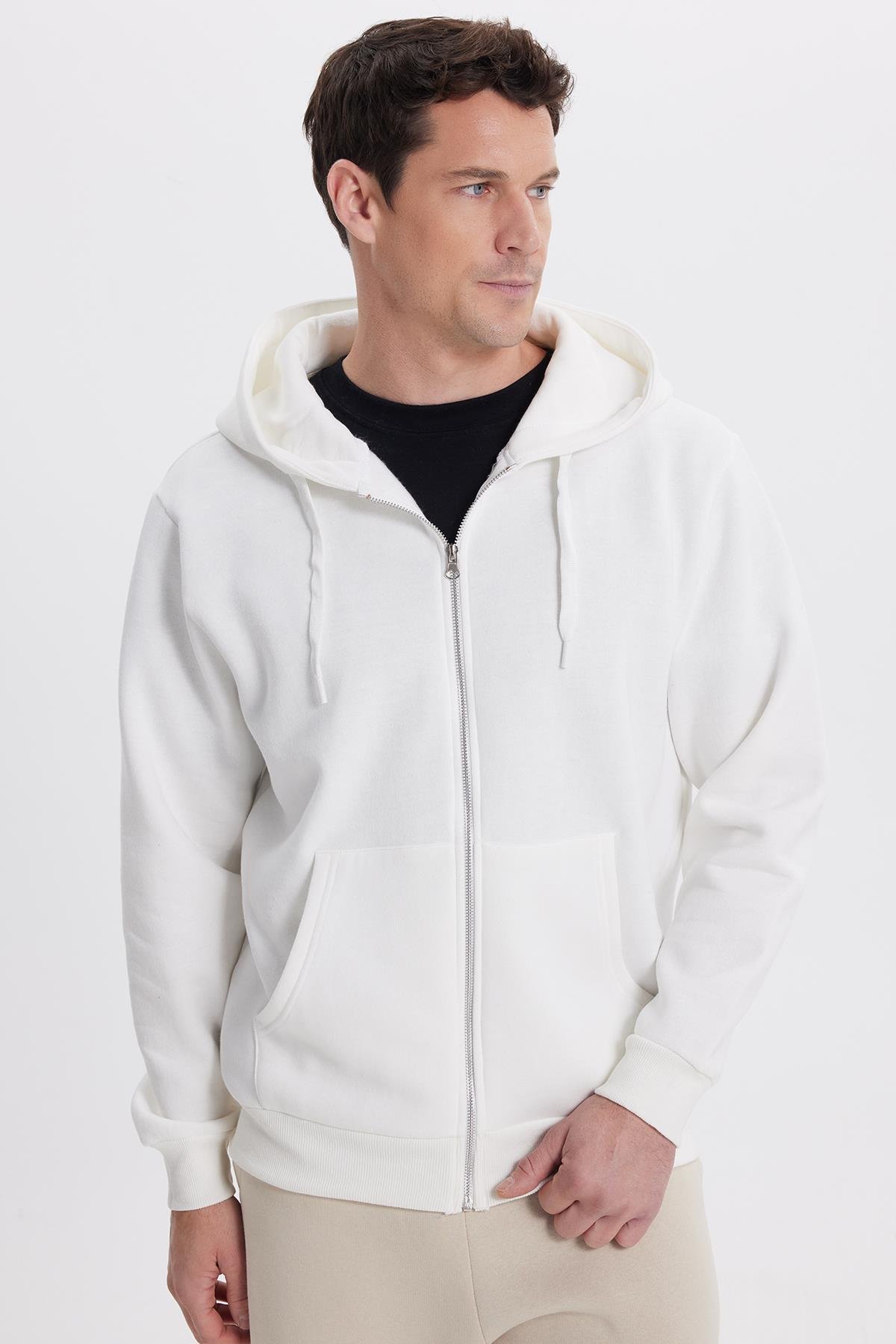 TUDORS Unisex Relax Fit Rahat Kesim Pamuklu İçi Polarlı Çift Cepli Tam Fermuarlı Beyaz Kapüşonlu Sweatshirt görsel 5