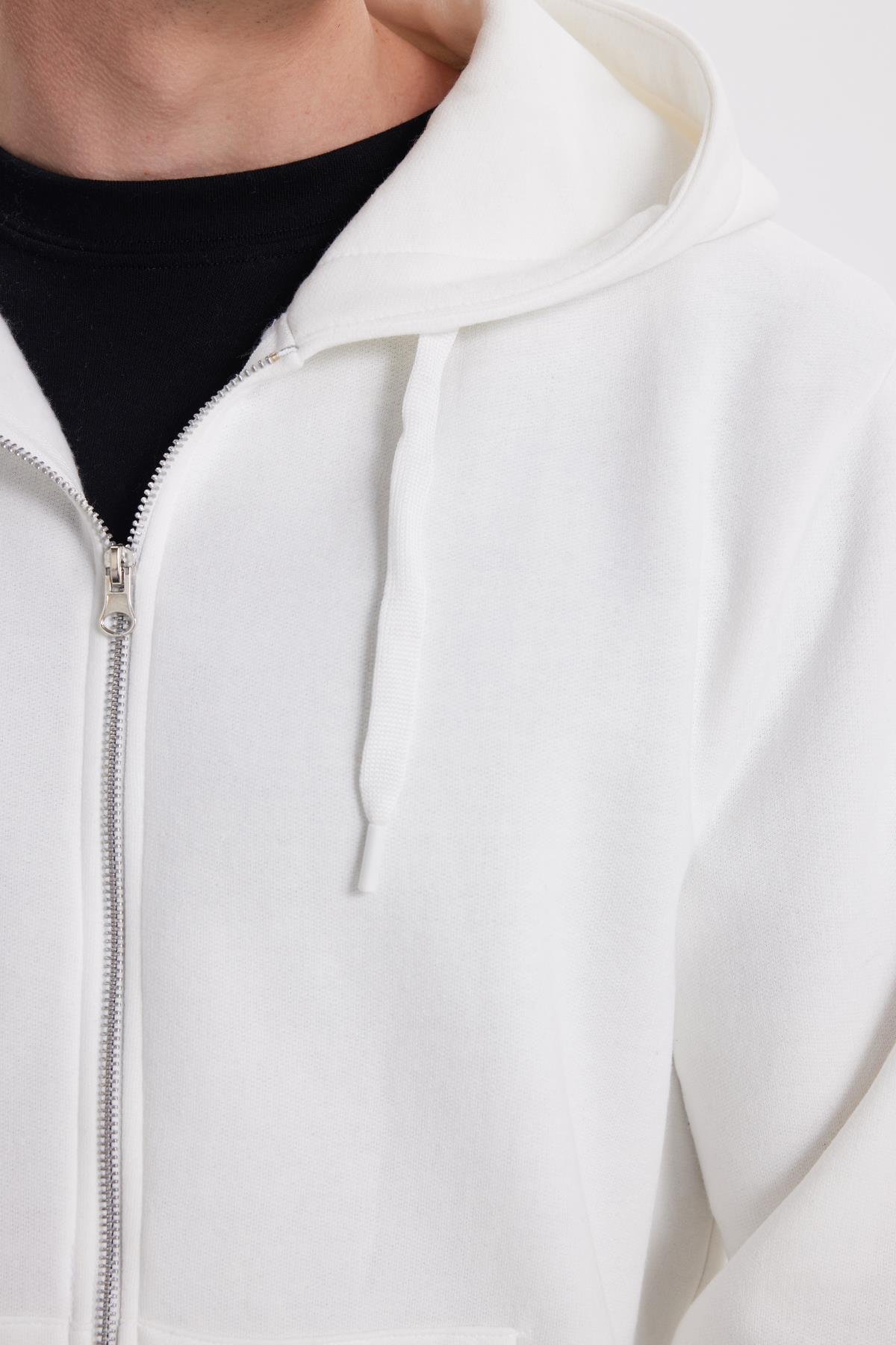 TUDORS Unisex Relax Fit Rahat Kesim Pamuklu İçi Polarlı Çift Cepli Tam Fermuarlı Beyaz Kapüşonlu Sweatshirt görsel 6