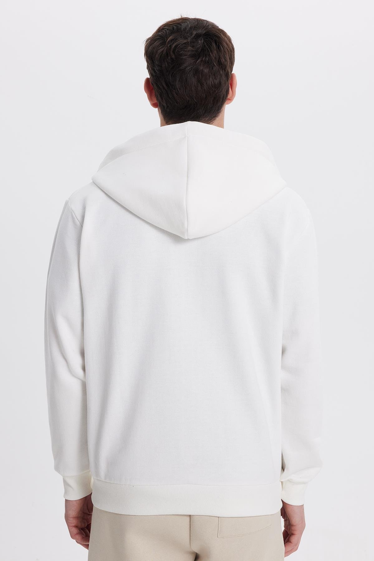 TUDORS Unisex Relax Fit Rahat Kesim Pamuklu İçi Polarlı Çift Cepli Tam Fermuarlı Beyaz Kapüşonlu Sweatshirt görsel 7
