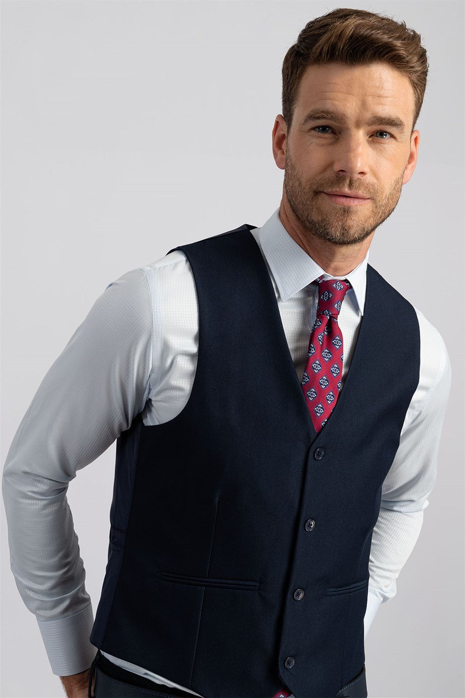 TUDORS Erkek Slim Fit Düz Cepli Lacivert Yelek