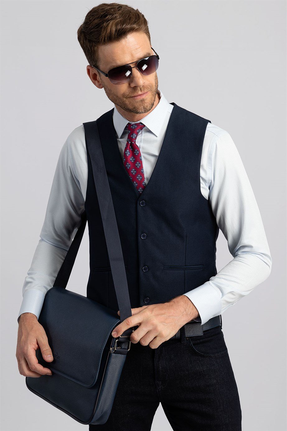 TUDORS Erkek Slim Fit Düz Cepli Lacivert Yelek görsel 2