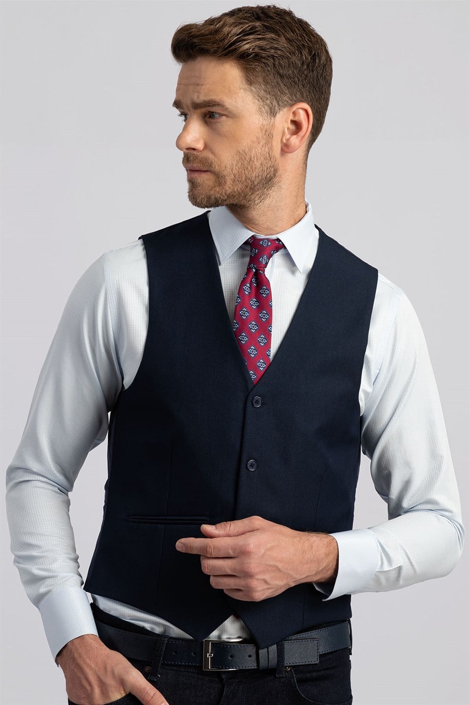 TUDORS Erkek Slim Fit Düz Cepli Lacivert Yelek görsel 3