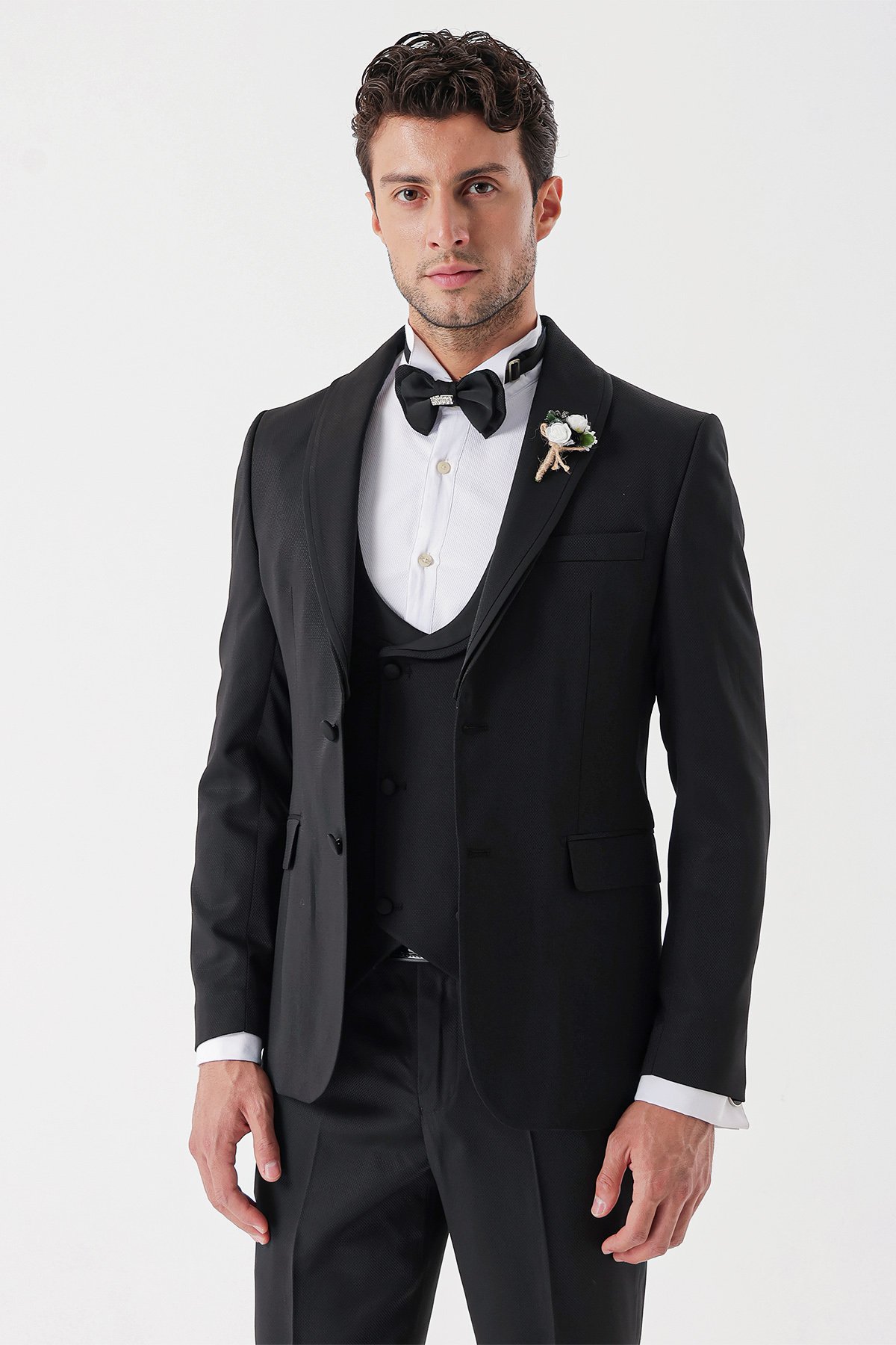 İMZA Siyah Desenli Armürlü Kruvaze 6 Drop Slim Fit Smokin Damatlık Takım 1001230214