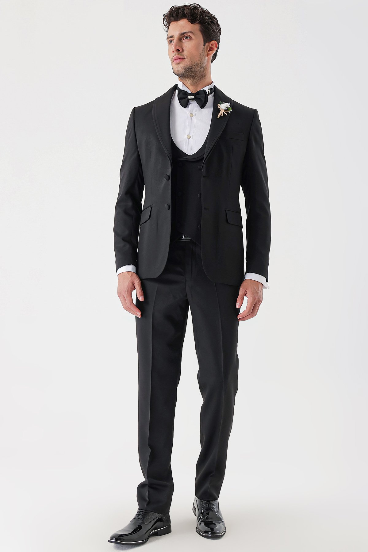 İMZA Siyah Desenli Armürlü Kruvaze 6 Drop Slim Fit Smokin Damatlık Takım 1001230214 görsel 2