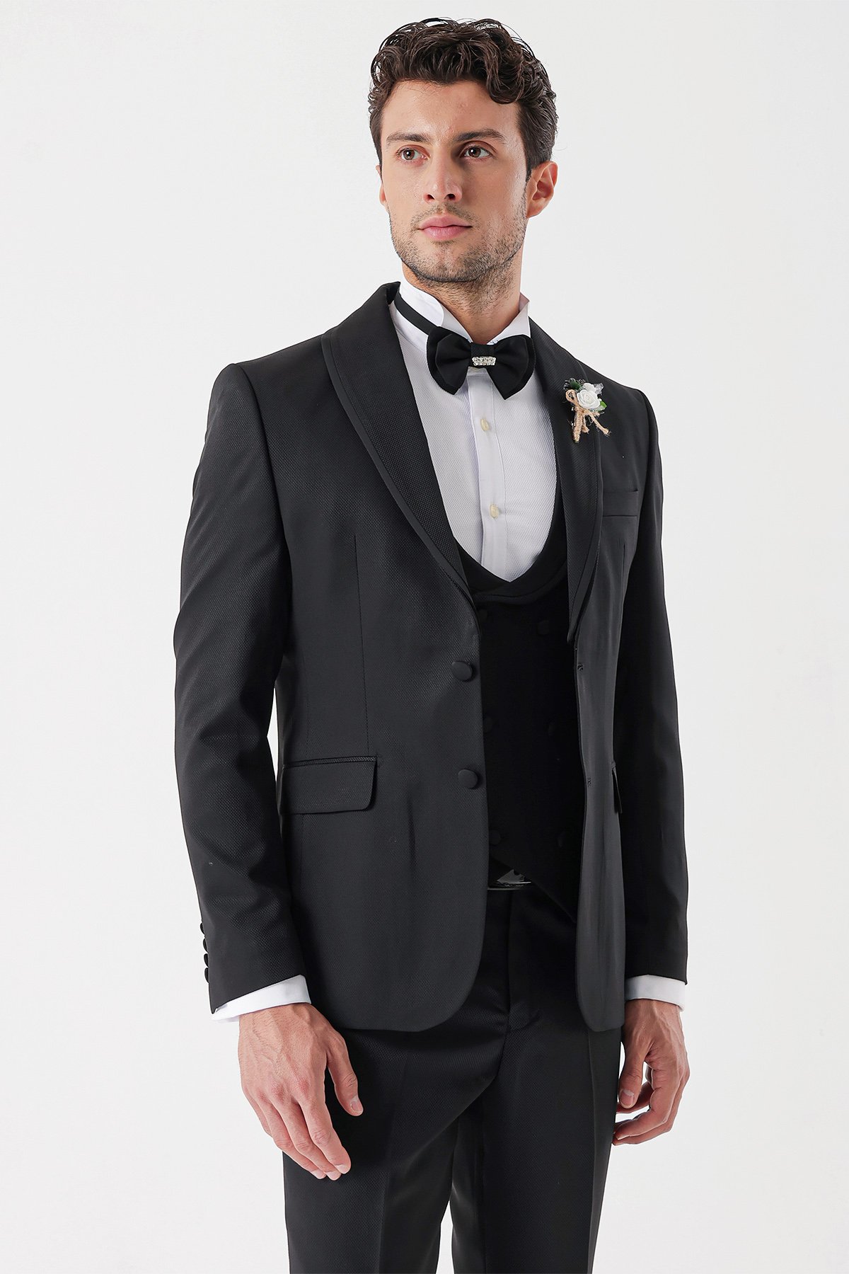 İMZA Siyah Desenli Armürlü Kruvaze 6 Drop Slim Fit Smokin Damatlık Takım 1001230214 görsel 3