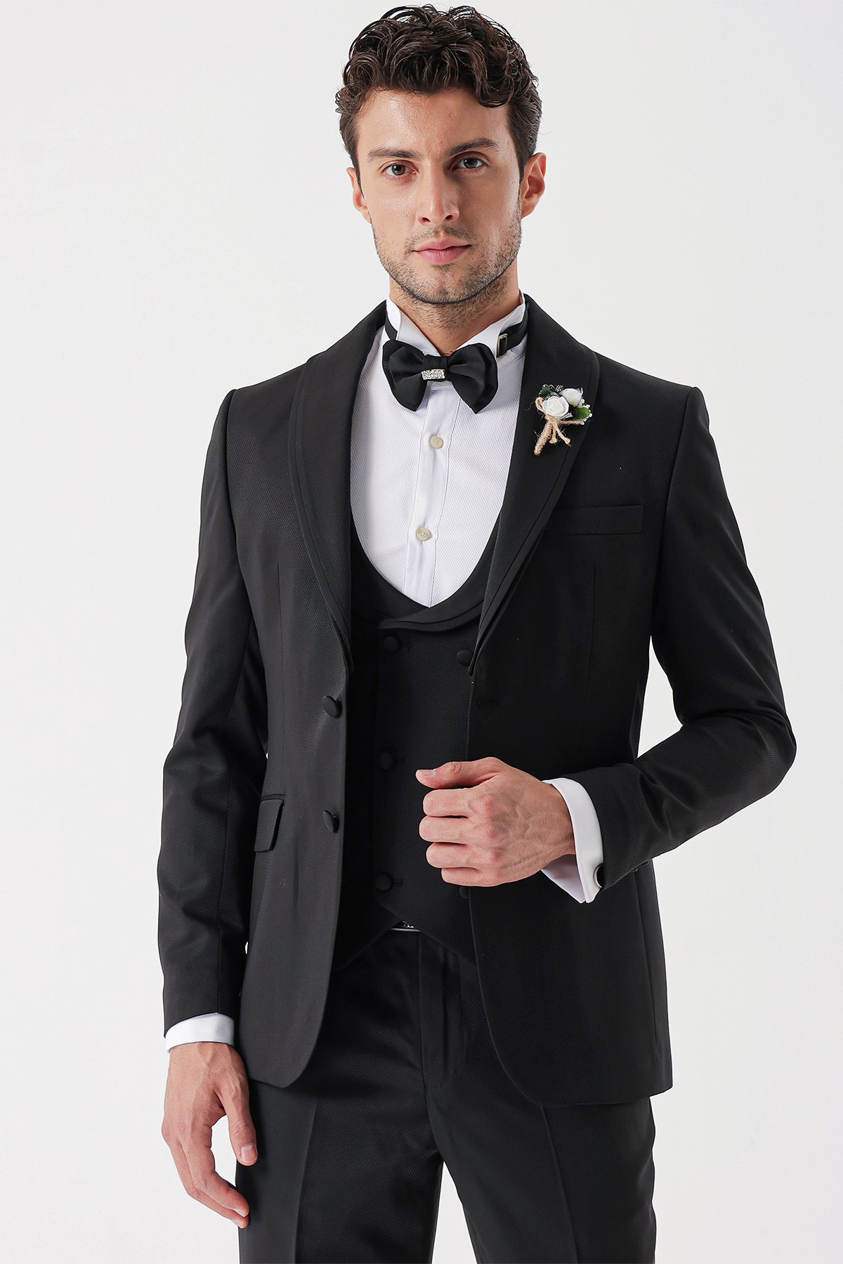 İMZA Siyah Desenli Armürlü Kruvaze 6 Drop Slim Fit Smokin Damatlık Takım 1001230214 görsel 5