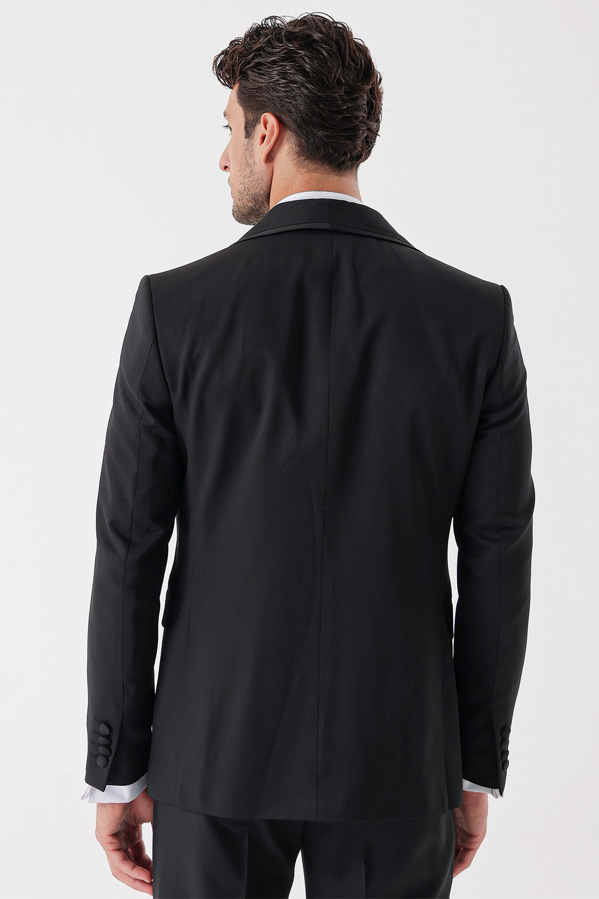 İMZA Siyah Desenli Armürlü Kruvaze 6 Drop Slim Fit Smokin Damatlık Takım 1001230214 görsel 6