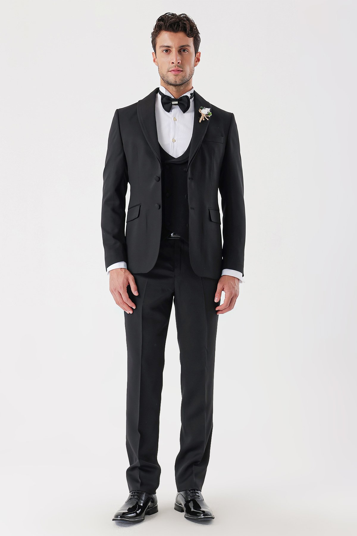 İMZA Siyah Desenli Armürlü Kruvaze 6 Drop Slim Fit Smokin Damatlık Takım 1001230214 görsel 7