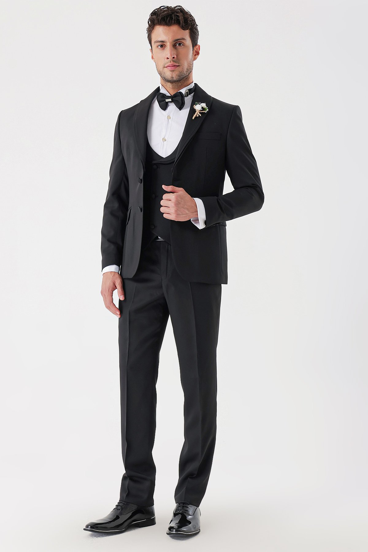 İMZA Siyah Desenli Armürlü Kruvaze 6 Drop Slim Fit Smokin Damatlık Takım 1001230214 görsel 8