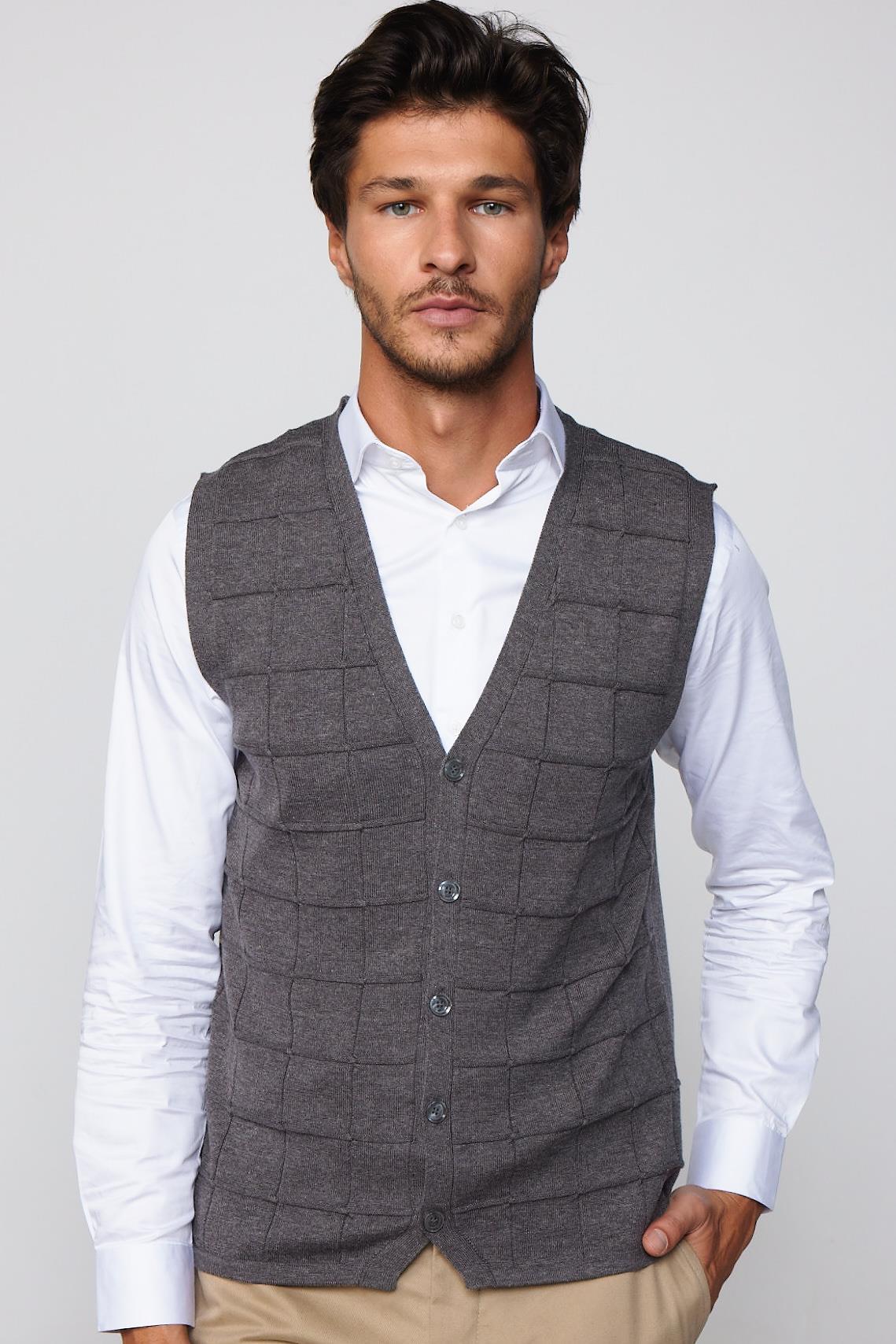 TUDORS Slim Fit Kare Desenli Gri Erkek Yelek