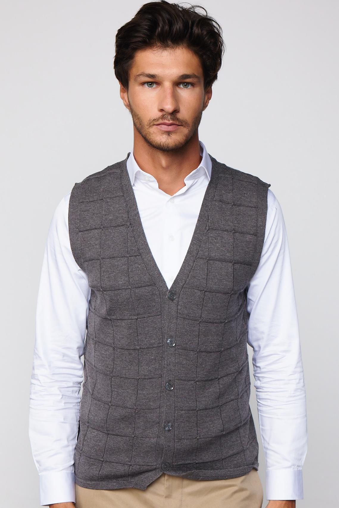 TUDORS Slim Fit Kare Desenli Gri Erkek Yelek görsel 3