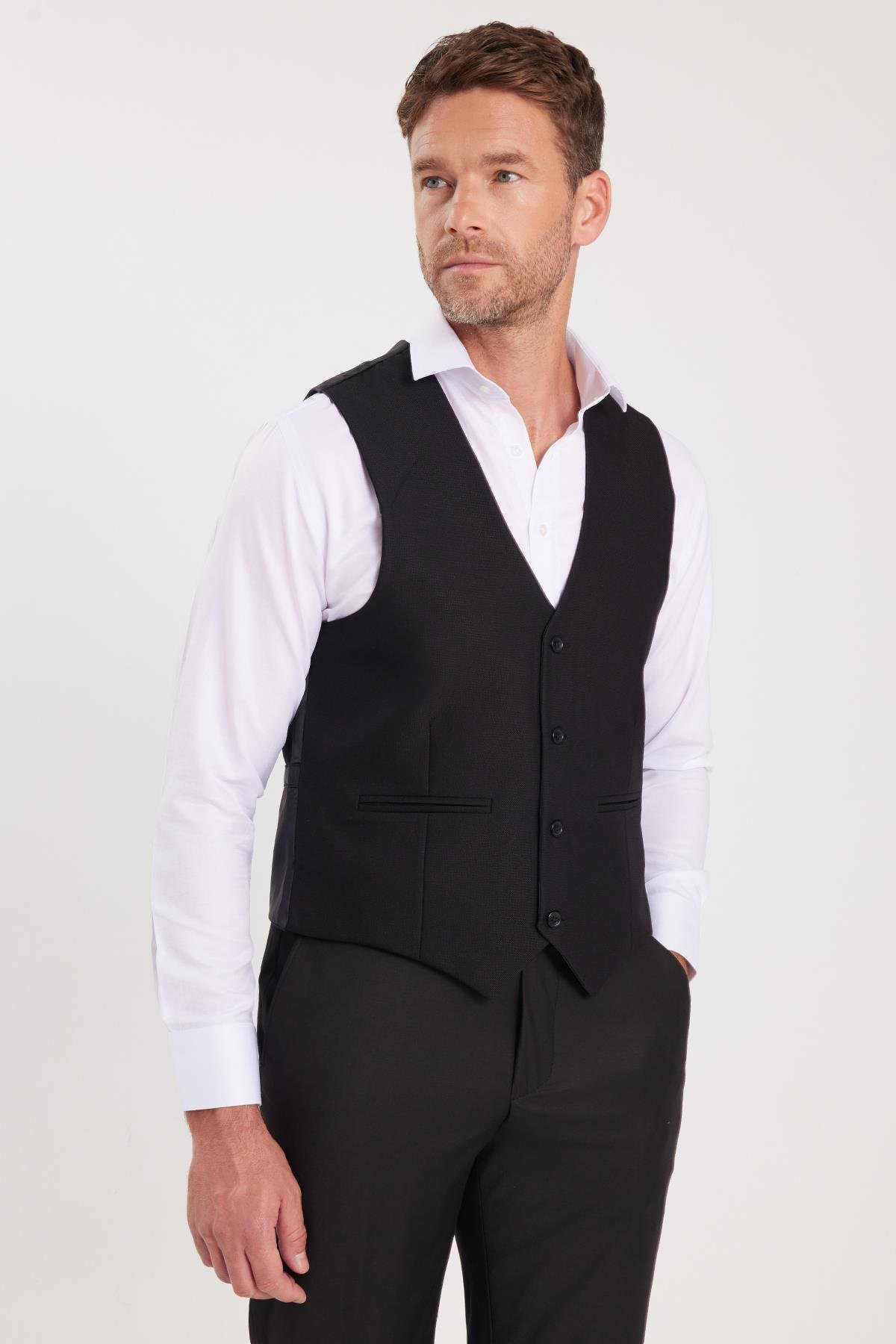 TUDORS Erkek Slim Fit Düz Cepli Siyah Yelek