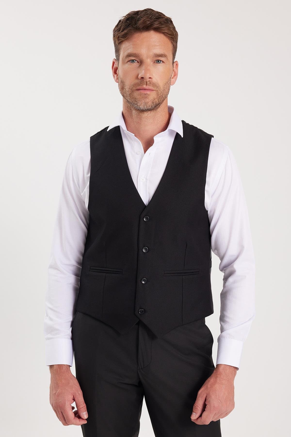 TUDORS Erkek Slim Fit Düz Cepli Siyah Yelek görsel 5
