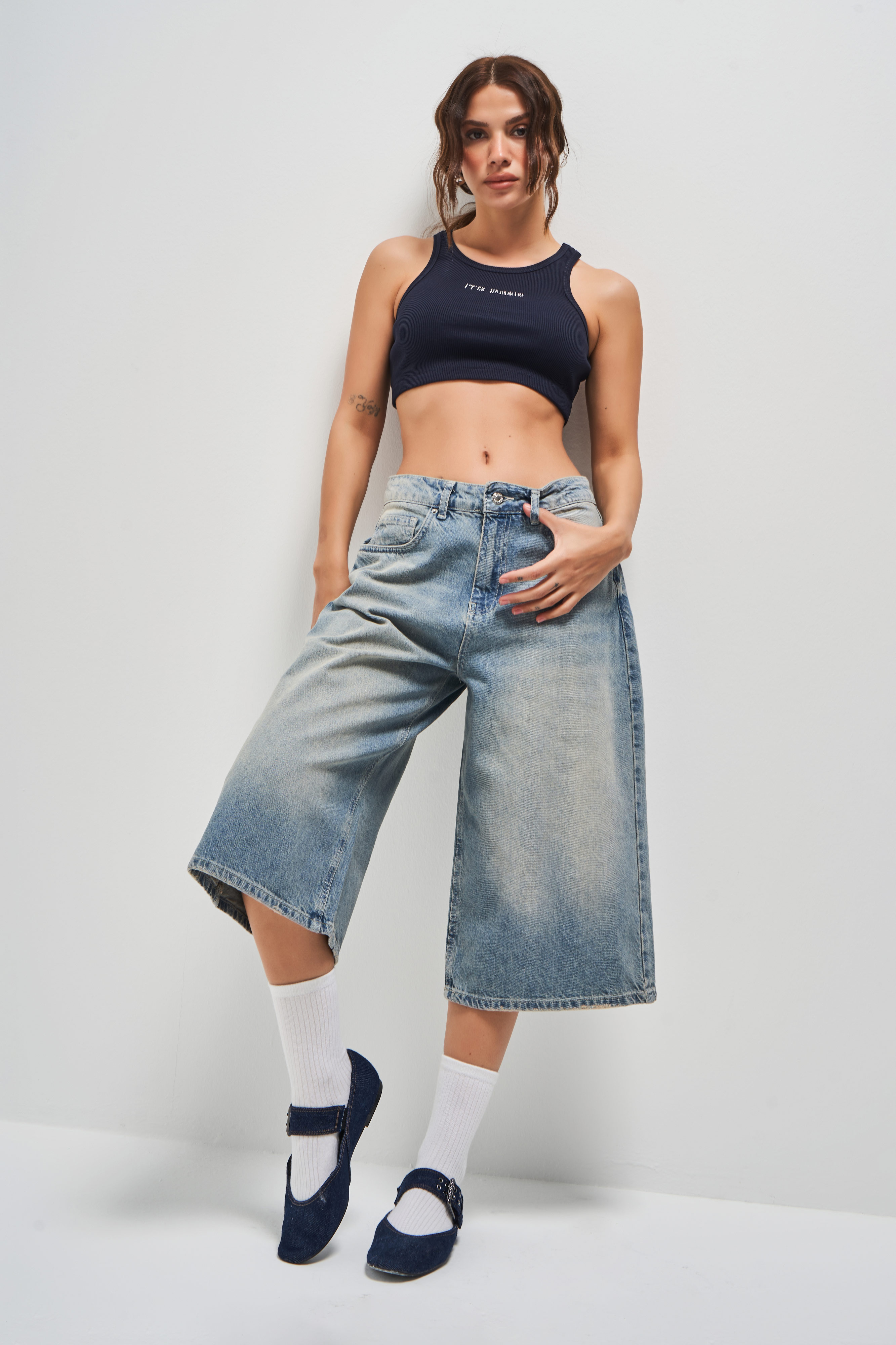 It's Basic Kadın T Jean Rengi 2S5 84 Süper Baggy Fit Maxi Boy 100 Pamuk Denim Şortolon görsel 4