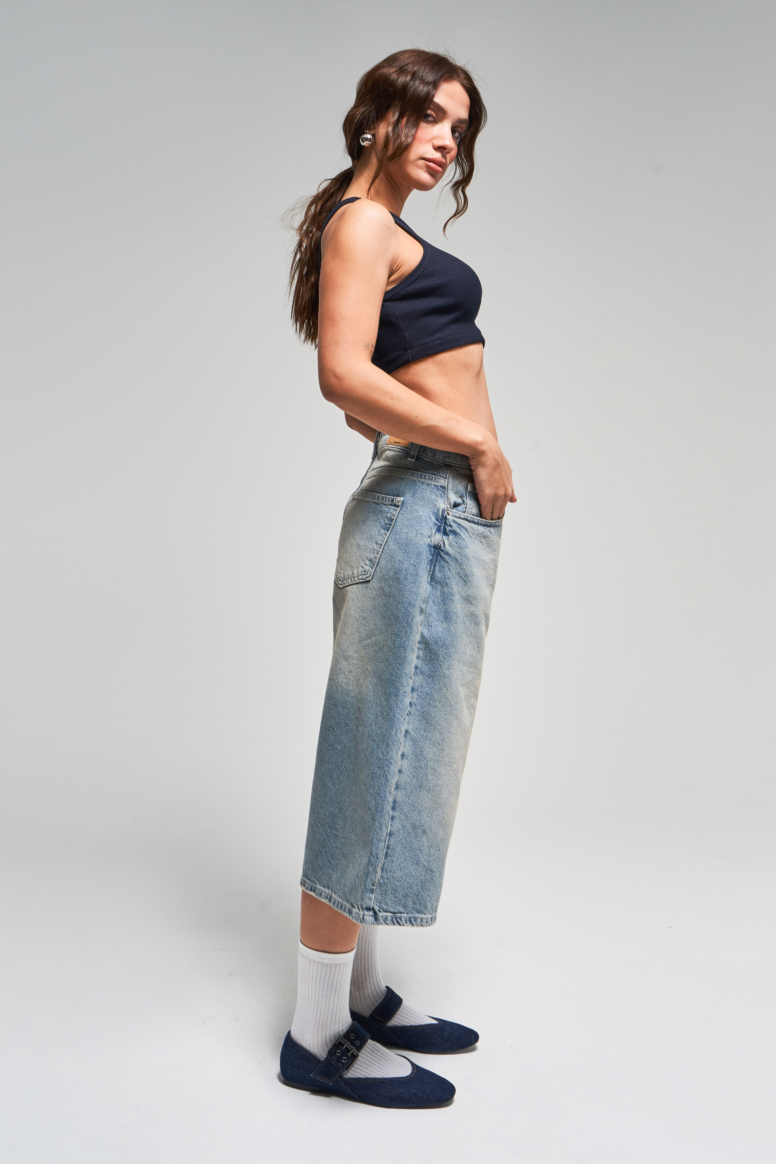It's Basic Kadın T Jean Rengi 2S5 84 Süper Baggy Fit Maxi Boy 100 Pamuk Denim Şortolon görsel 5