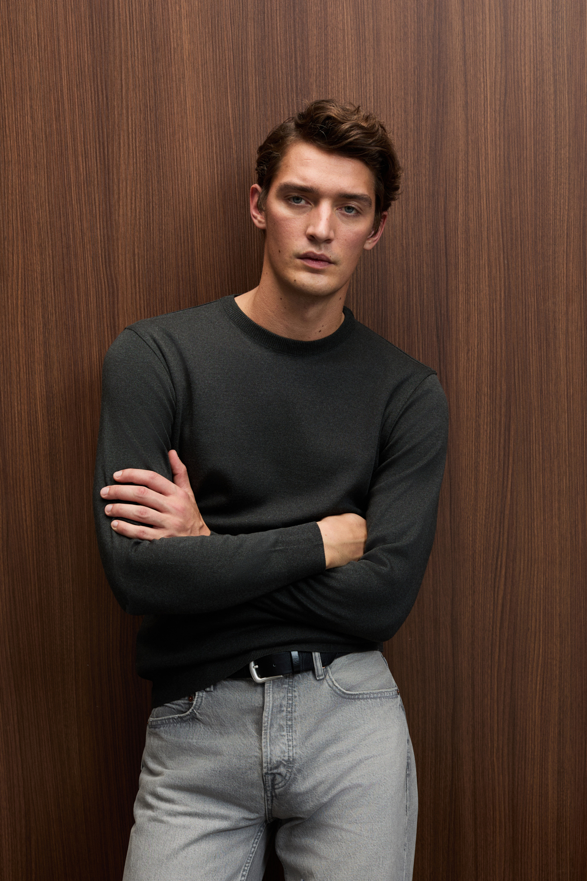 GRIMELANGE Erkek Yuvarlak Yaka Basic Slim Fit Triko ANTRASİT Kazak