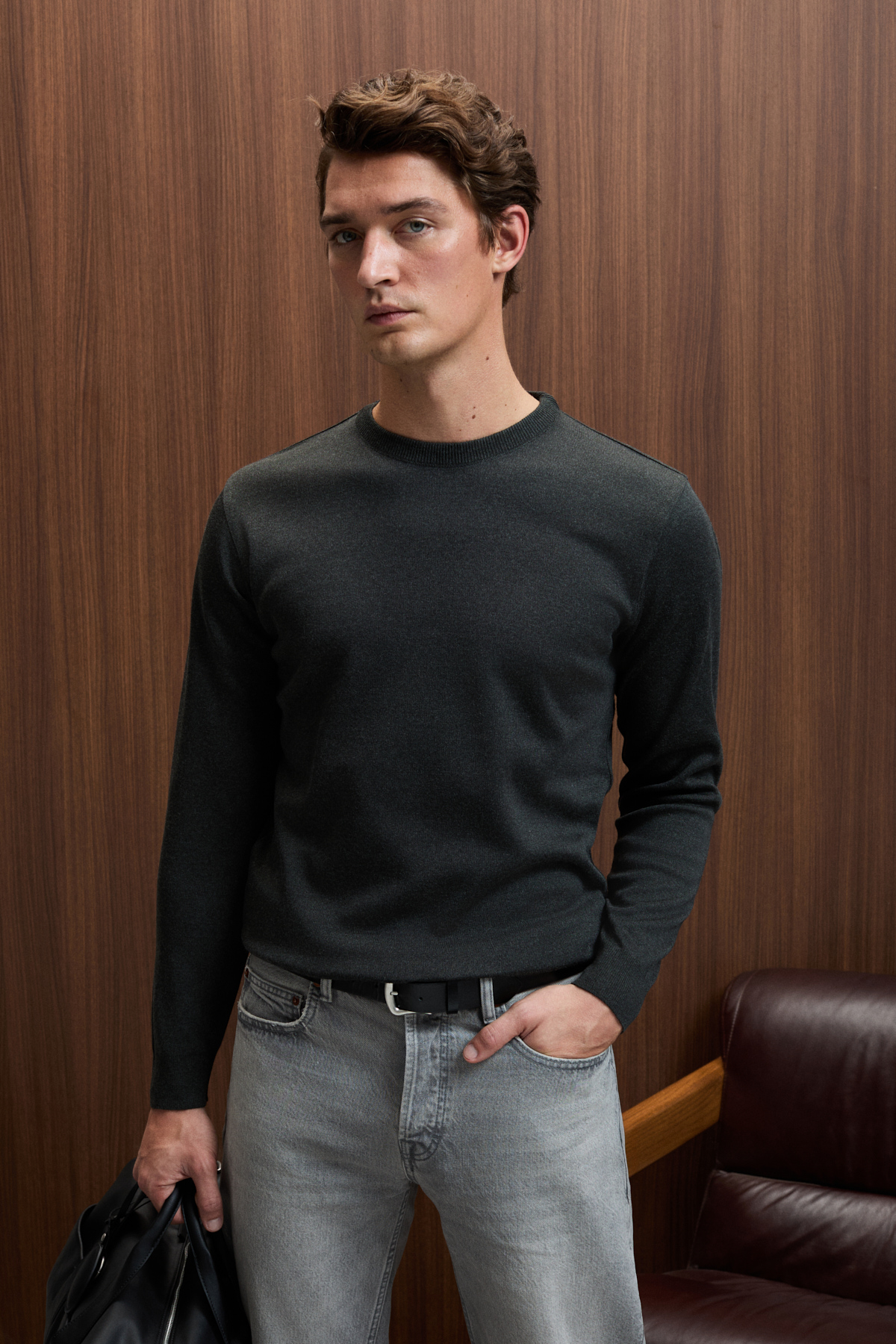 GRIMELANGE Erkek Yuvarlak Yaka Basic Slim Fit Triko ANTRASİT Kazak görsel 3