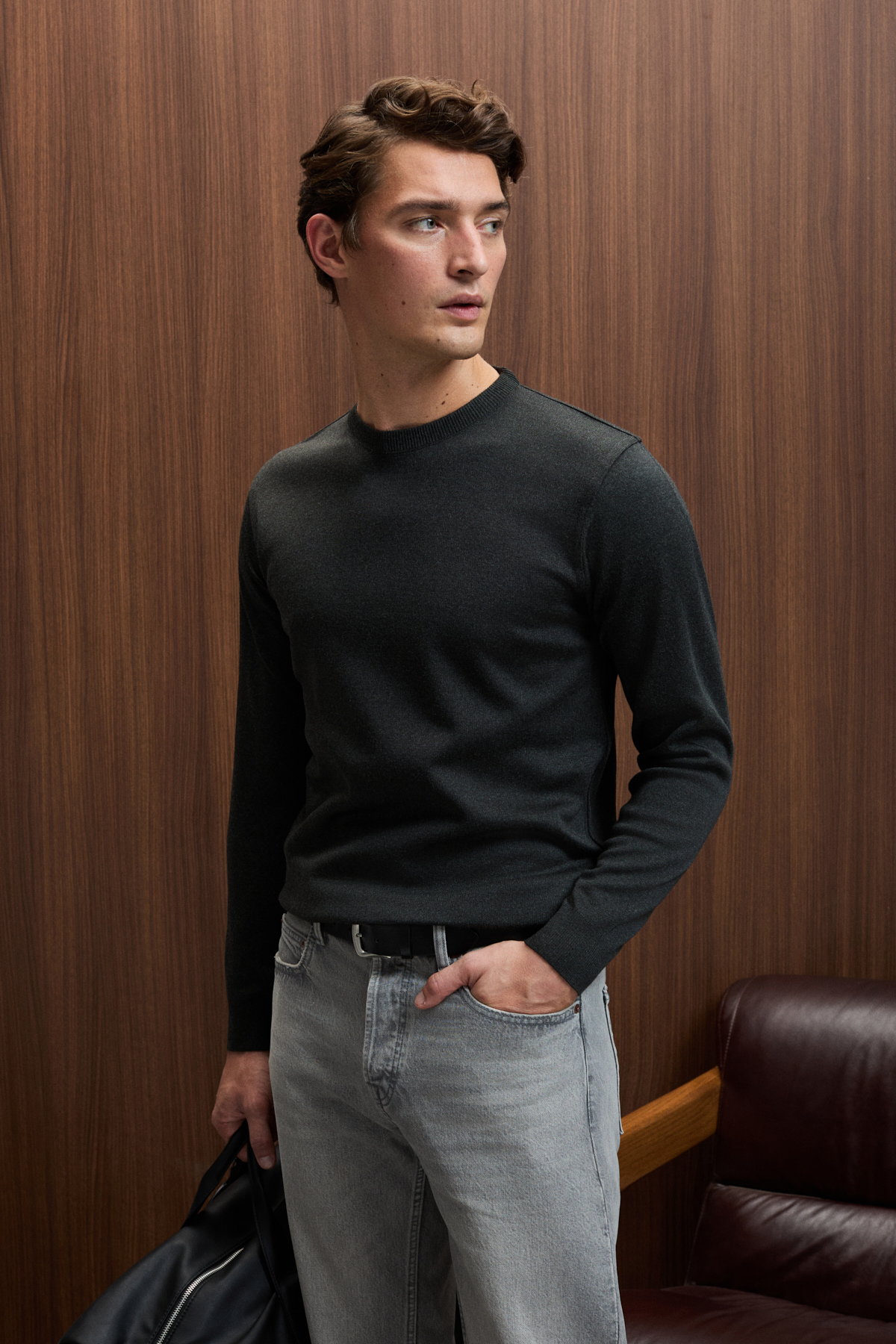 GRIMELANGE Erkek Yuvarlak Yaka Basic Slim Fit Triko ANTRASİT Kazak görsel 4