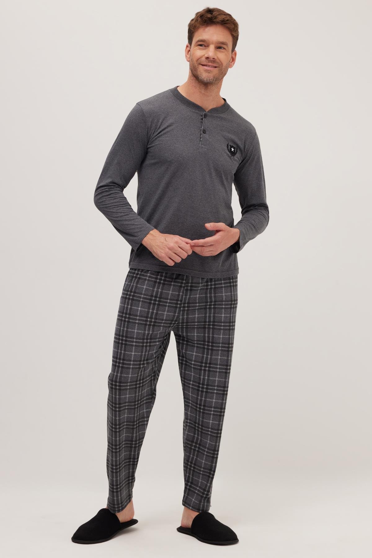 TUDORS Erkek Regular Fit Pamuklu Düğmeli Yaka Beli Lastikli Desenli Gri Pijama Takımı görsel 5