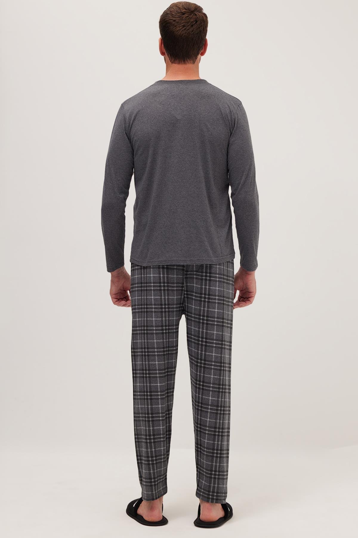 TUDORS Erkek Regular Fit Pamuklu Düğmeli Yaka Beli Lastikli Desenli Gri Pijama Takımı görsel 7