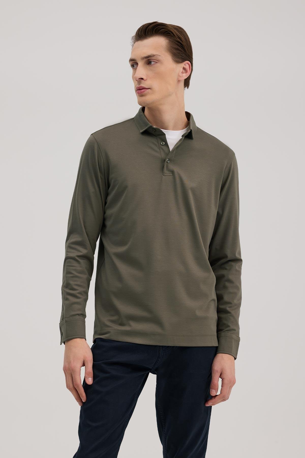 JAKAMEN Haki Slim Fit Polo Yaka Sweatshirt