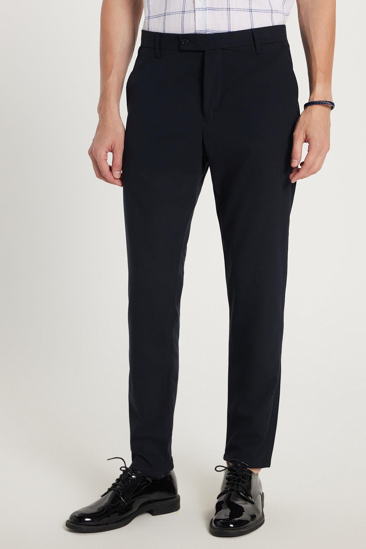 TUDORS Erkek Slim Fit Dar Kesim Yandan Cepli Pamuklu Lacivert Chino Pantolon