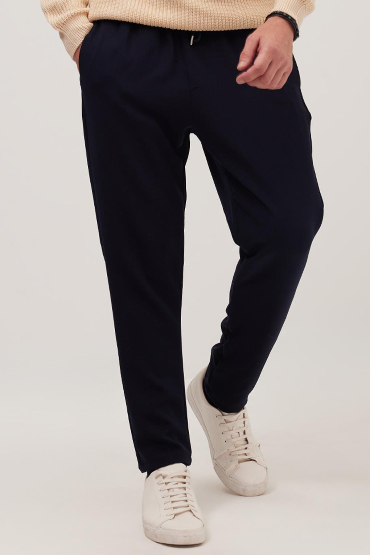 TUDORS Erkek Regular Fit Beli Lastikli Bağcıklı Jogger Lacivert Pantolon Rahat Kesim Yan Cepli