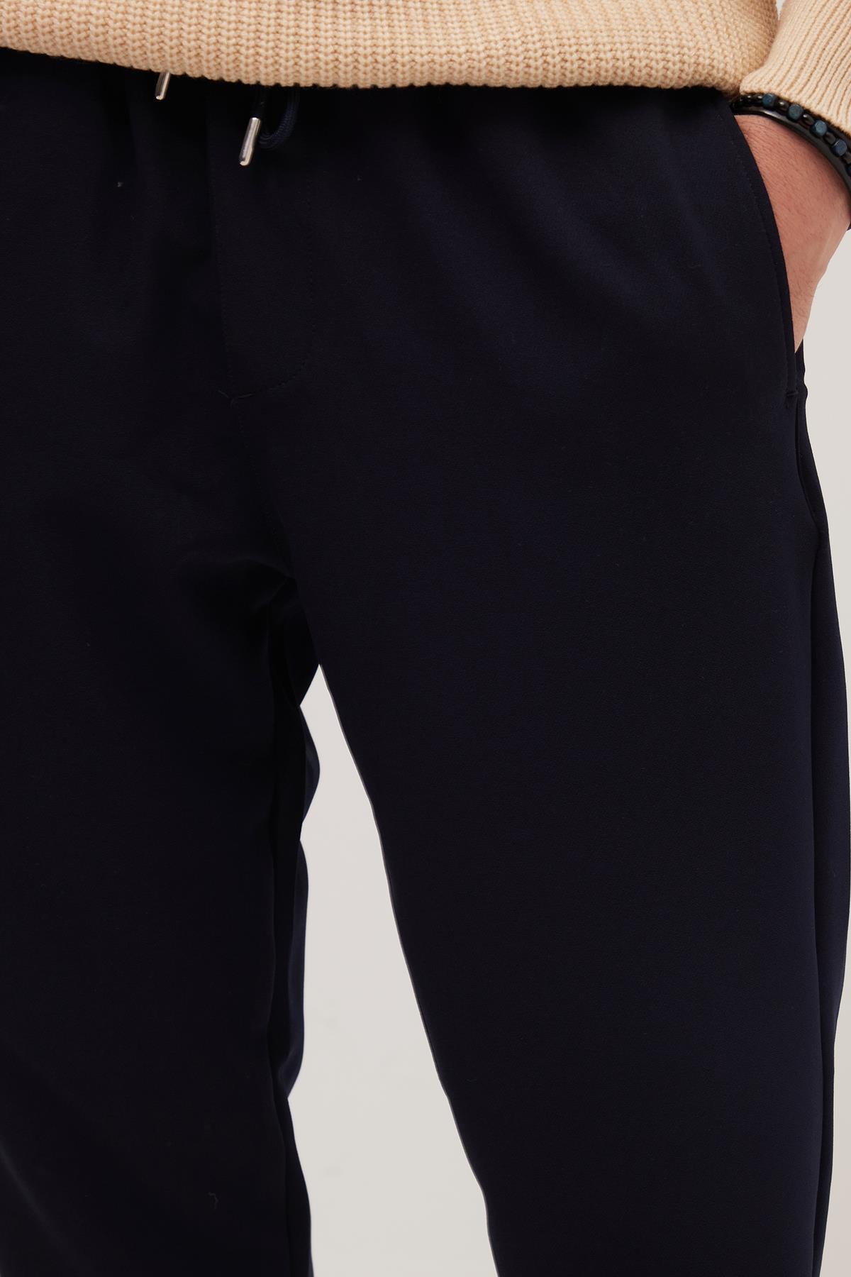 TUDORS Erkek Regular Fit Beli Lastikli Bağcıklı Jogger Lacivert Pantolon Rahat Kesim Yan Cepli görsel 3