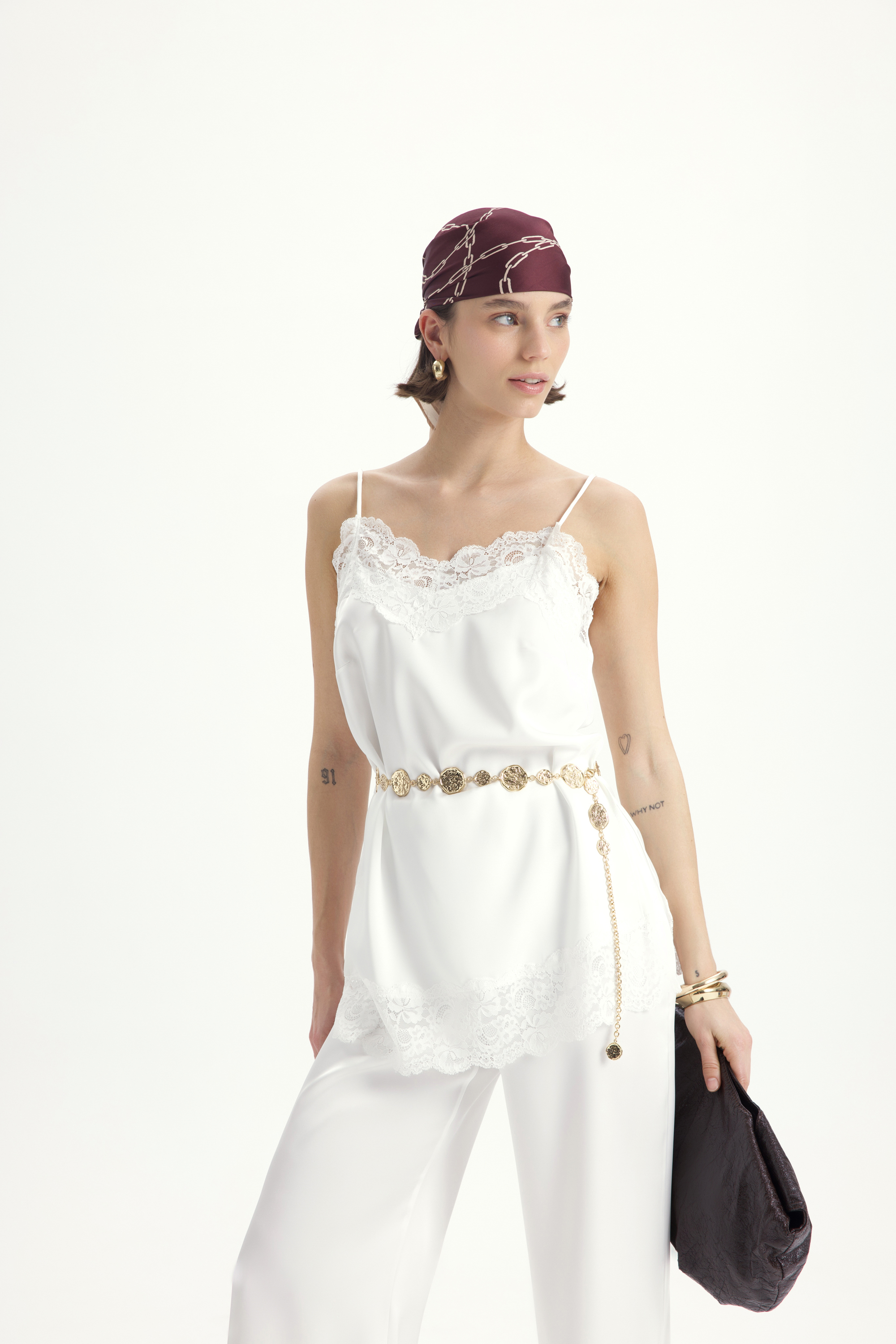 Mai Collection Maris Dantel Detay Beyaz Saten Pantolon Takım