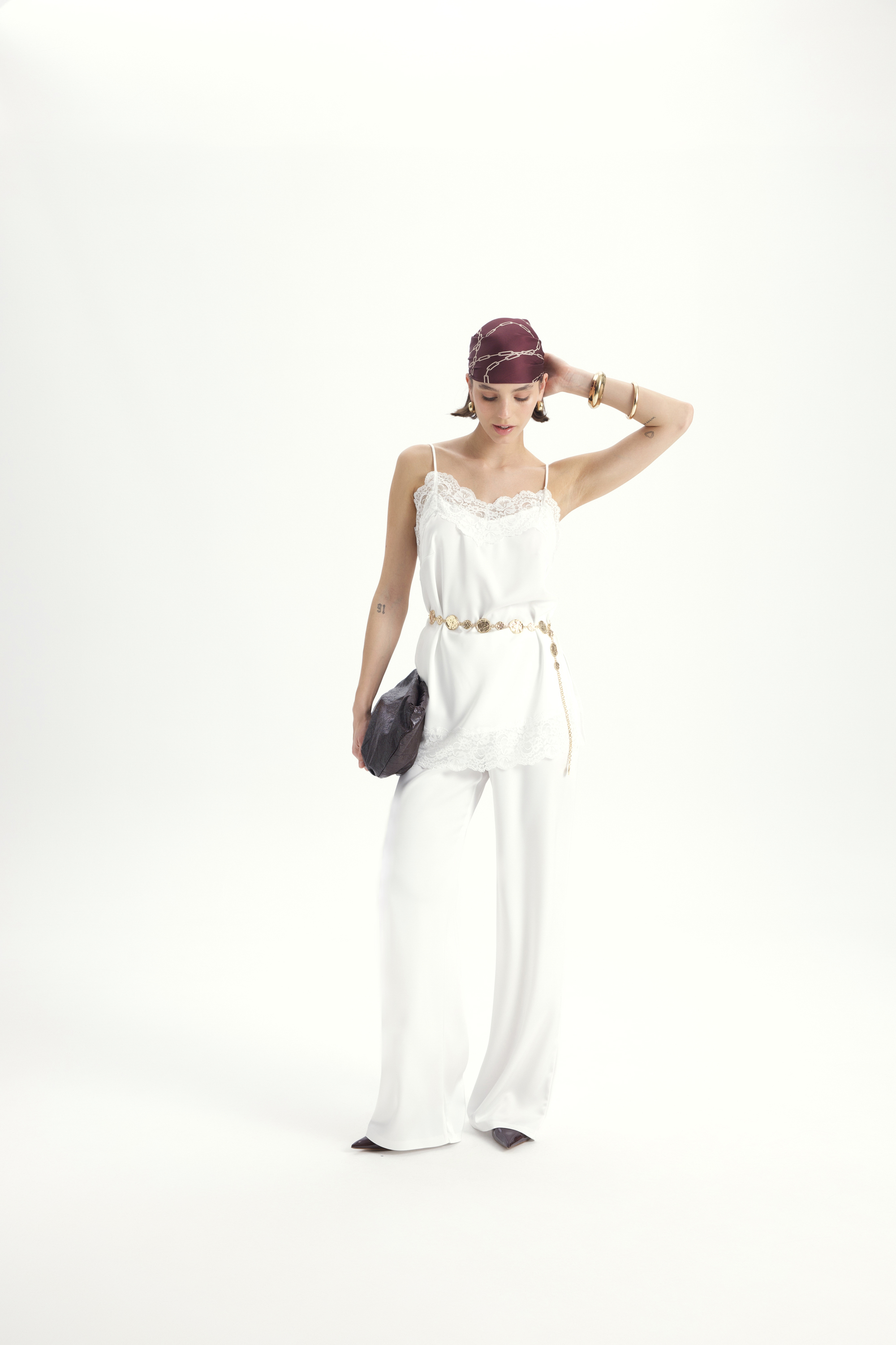 Mai Collection Maris Dantel Detay Beyaz Saten Pantolon Takım görsel 3