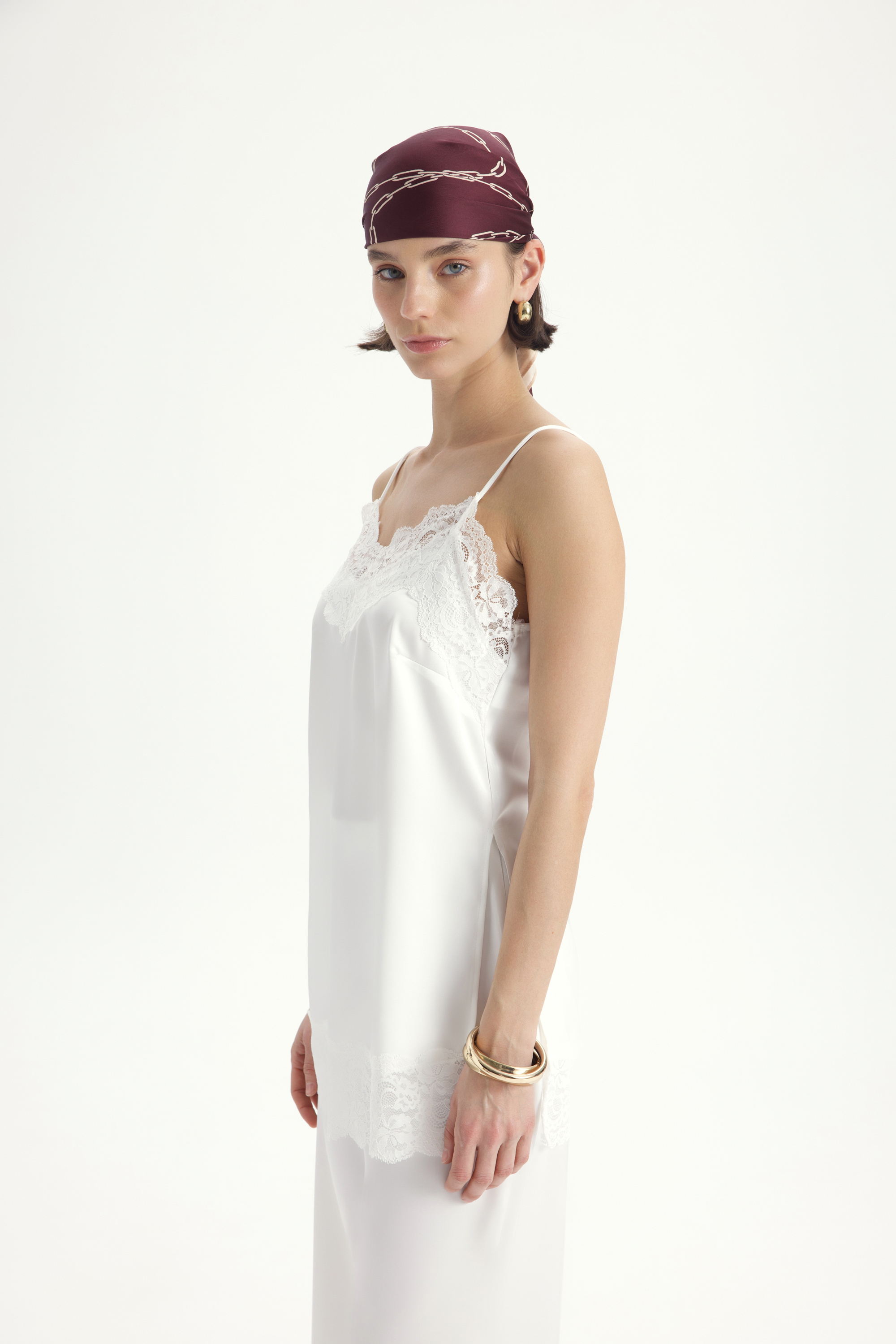 Mai Collection Maris Dantel Detay Beyaz Saten Pantolon Takım görsel 4