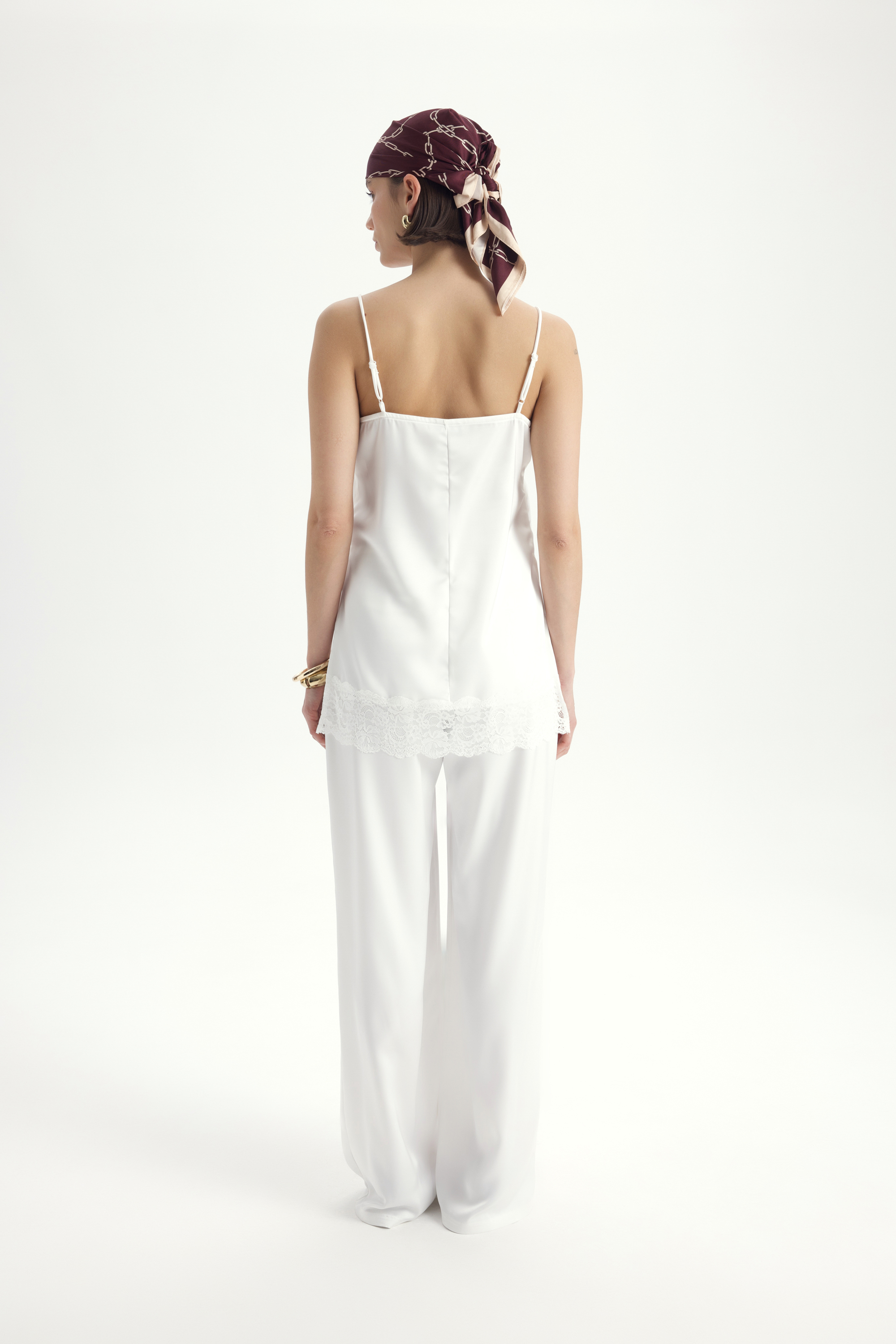 Mai Collection Maris Dantel Detay Beyaz Saten Pantolon Takım görsel 5