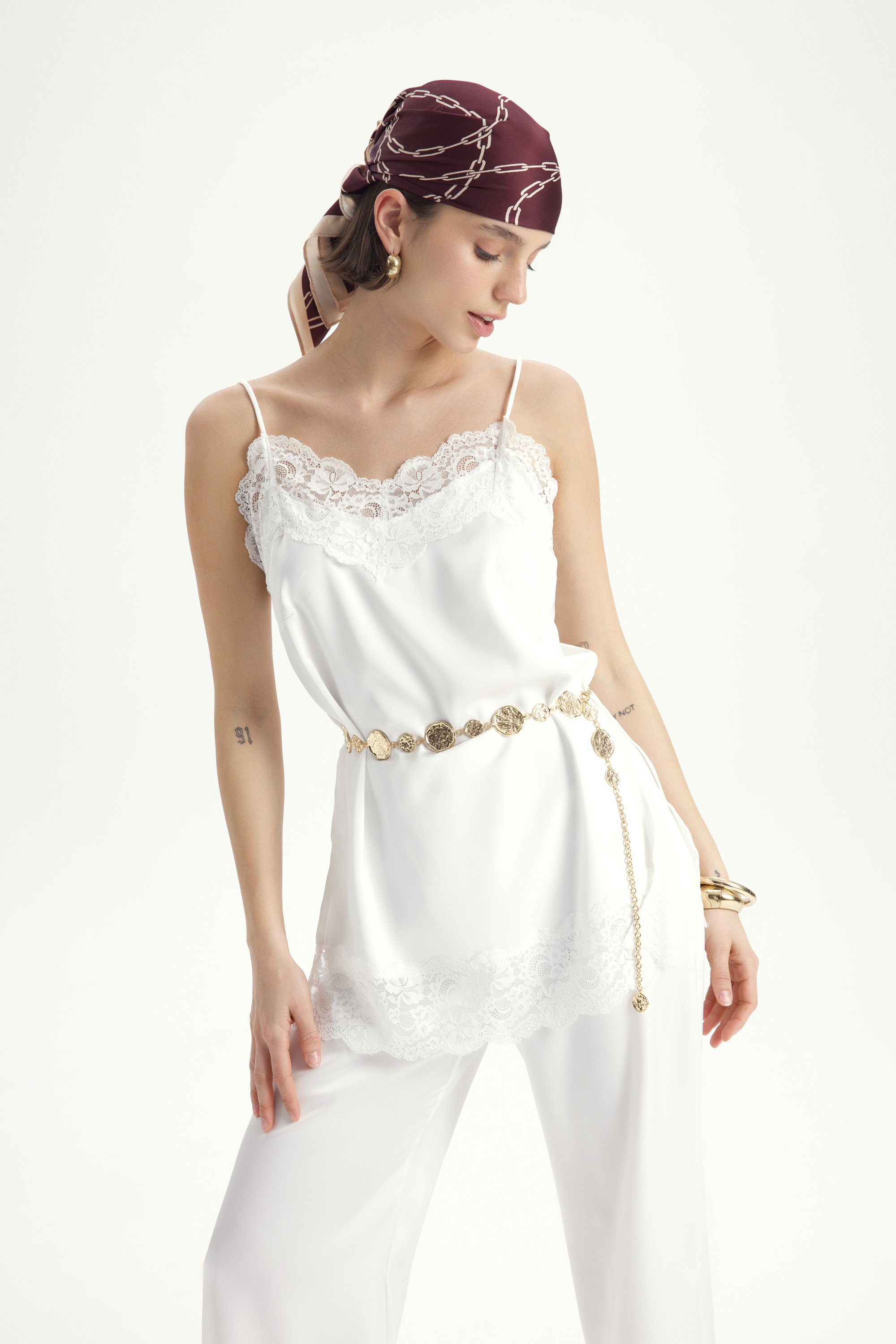 Mai Collection Maris Dantel Detay Beyaz Saten Pantolon Takım görsel 6