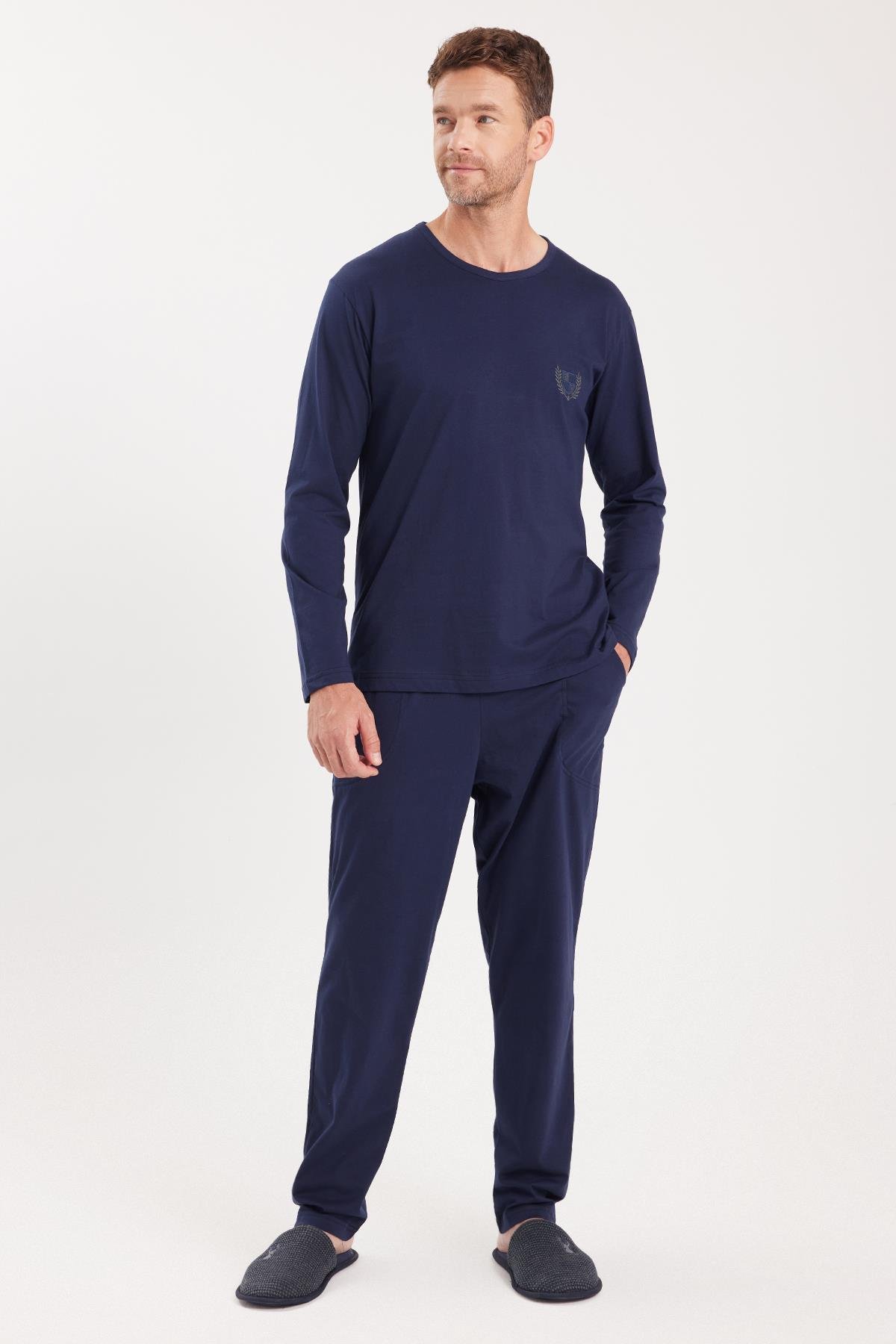 TUDORS Erkek Standart Fit %100 Pamuk Bisiklet Yaka Beli Lastikli Lacivert Pijama Takımı
