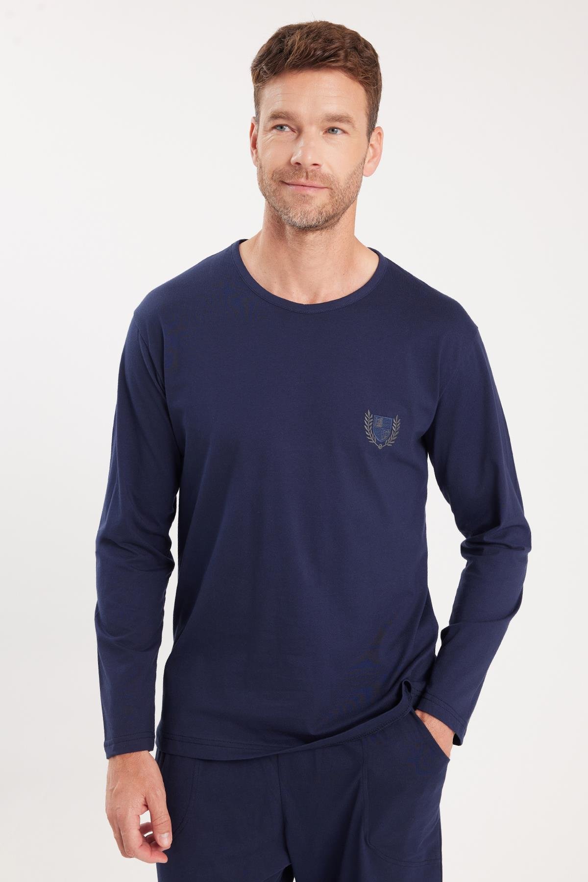 TUDORS Erkek Standart Fit %100 Pamuk Bisiklet Yaka Beli Lastikli Lacivert Pijama Takımı görsel 2