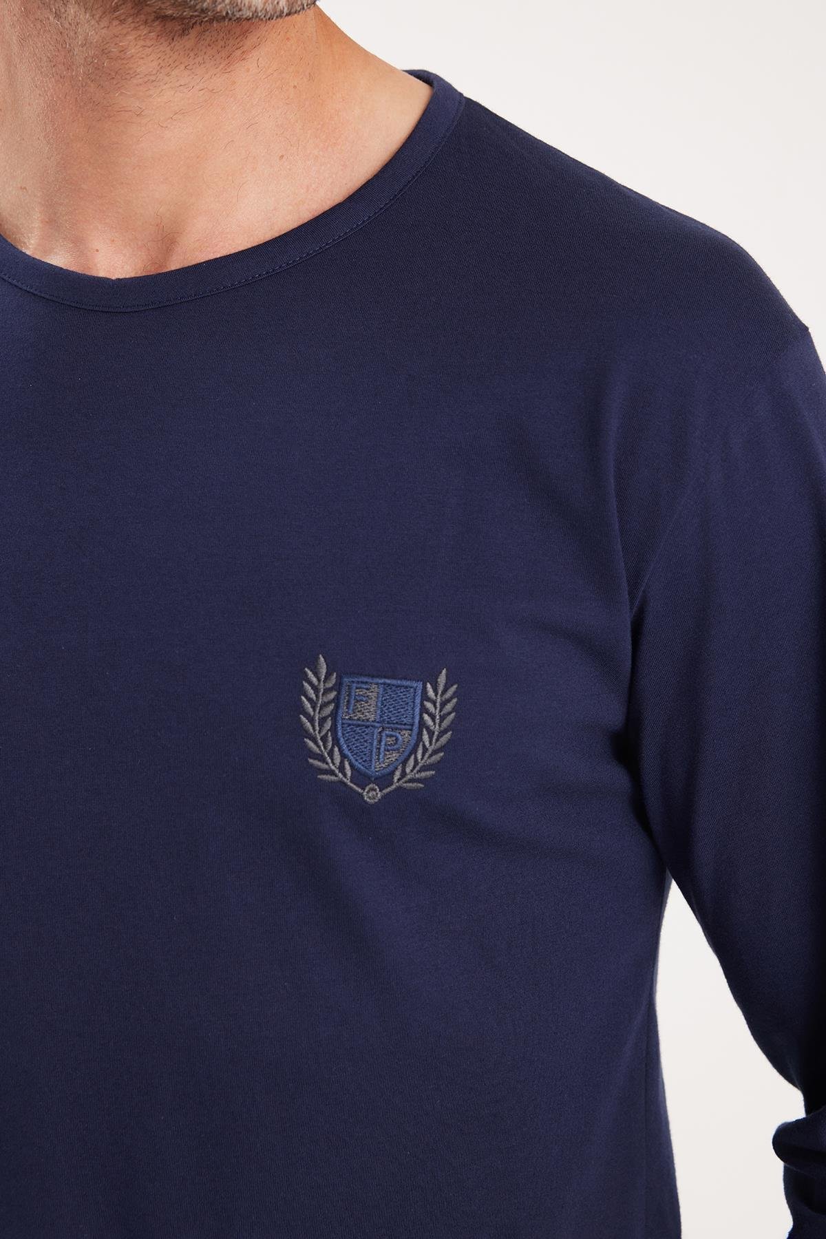 TUDORS Erkek Standart Fit %100 Pamuk Bisiklet Yaka Beli Lastikli Lacivert Pijama Takımı görsel 3