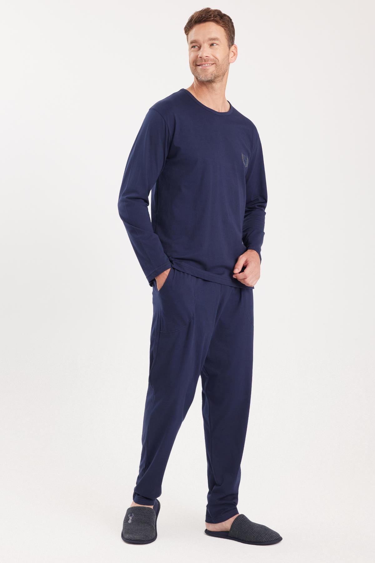 TUDORS Erkek Standart Fit %100 Pamuk Bisiklet Yaka Beli Lastikli Lacivert Pijama Takımı görsel 4