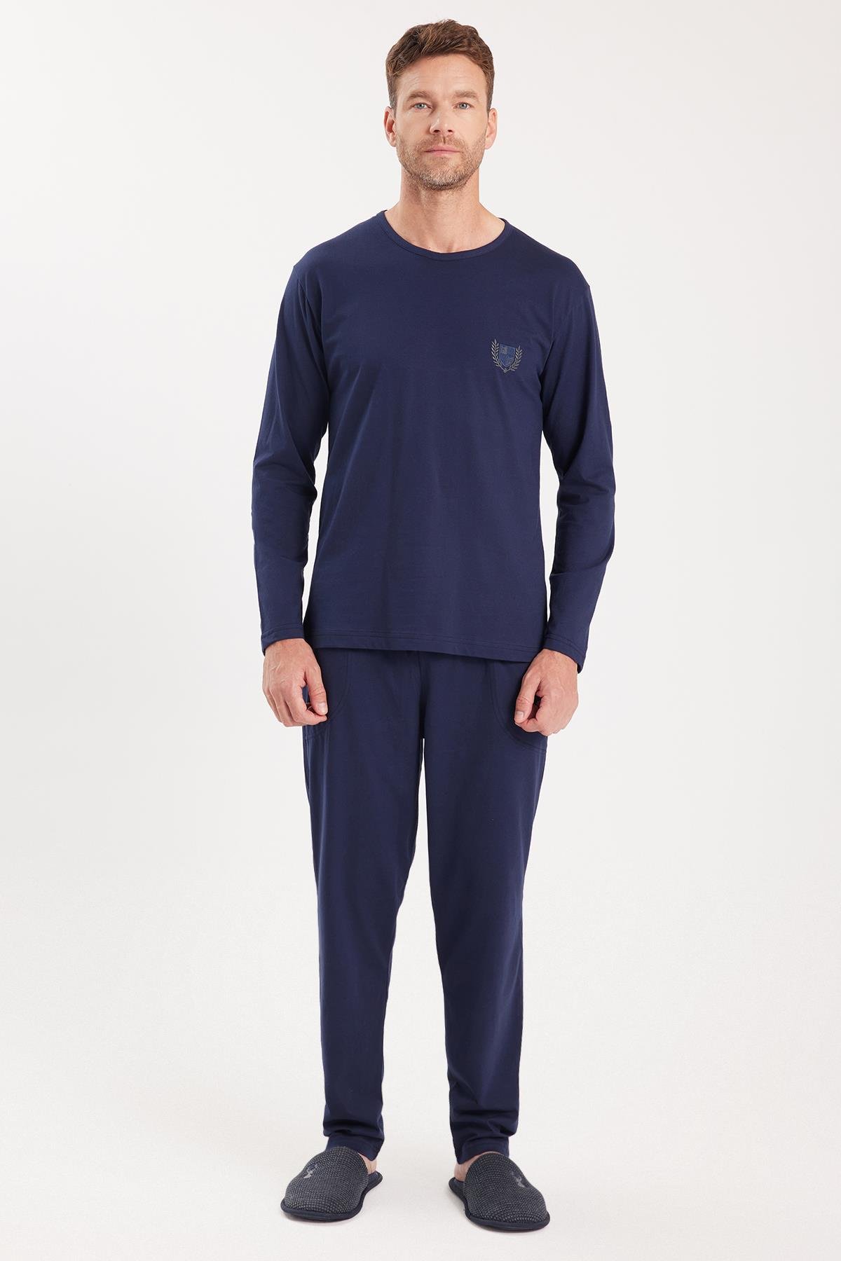 TUDORS Erkek Standart Fit %100 Pamuk Bisiklet Yaka Beli Lastikli Lacivert Pijama Takımı görsel 5