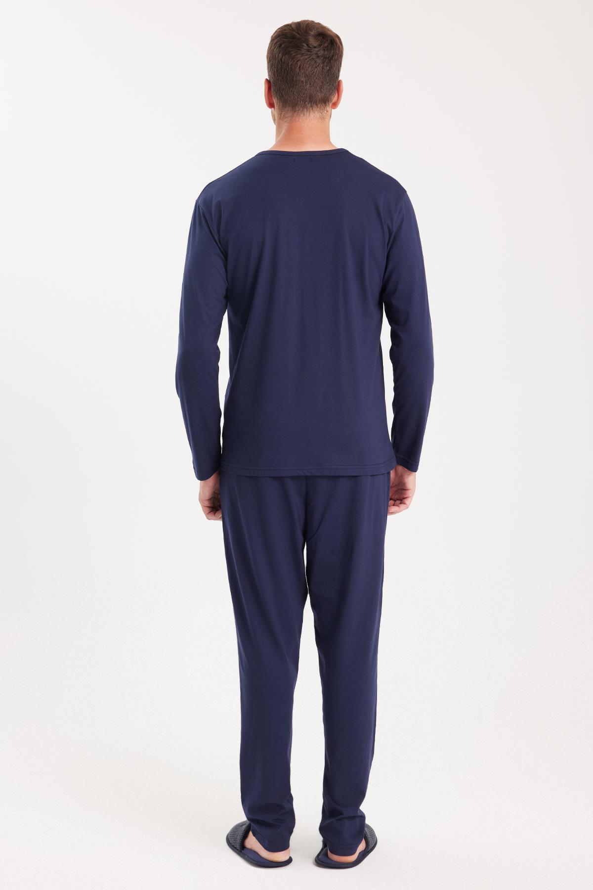 TUDORS Erkek Standart Fit %100 Pamuk Bisiklet Yaka Beli Lastikli Lacivert Pijama Takımı görsel 7