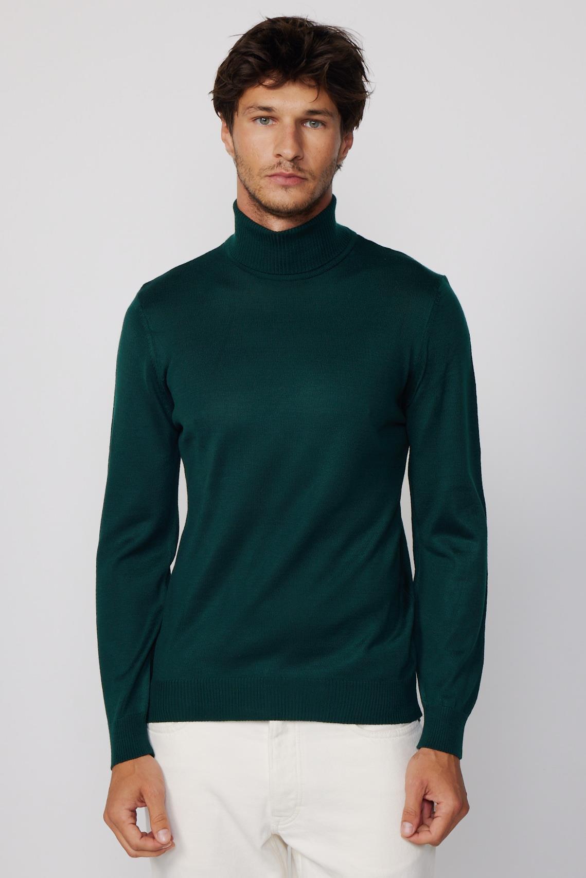 TUDORS Erkek Slim Fit Tam Boğazlı Yaka Düz Yün Yeşil Triko Kazak