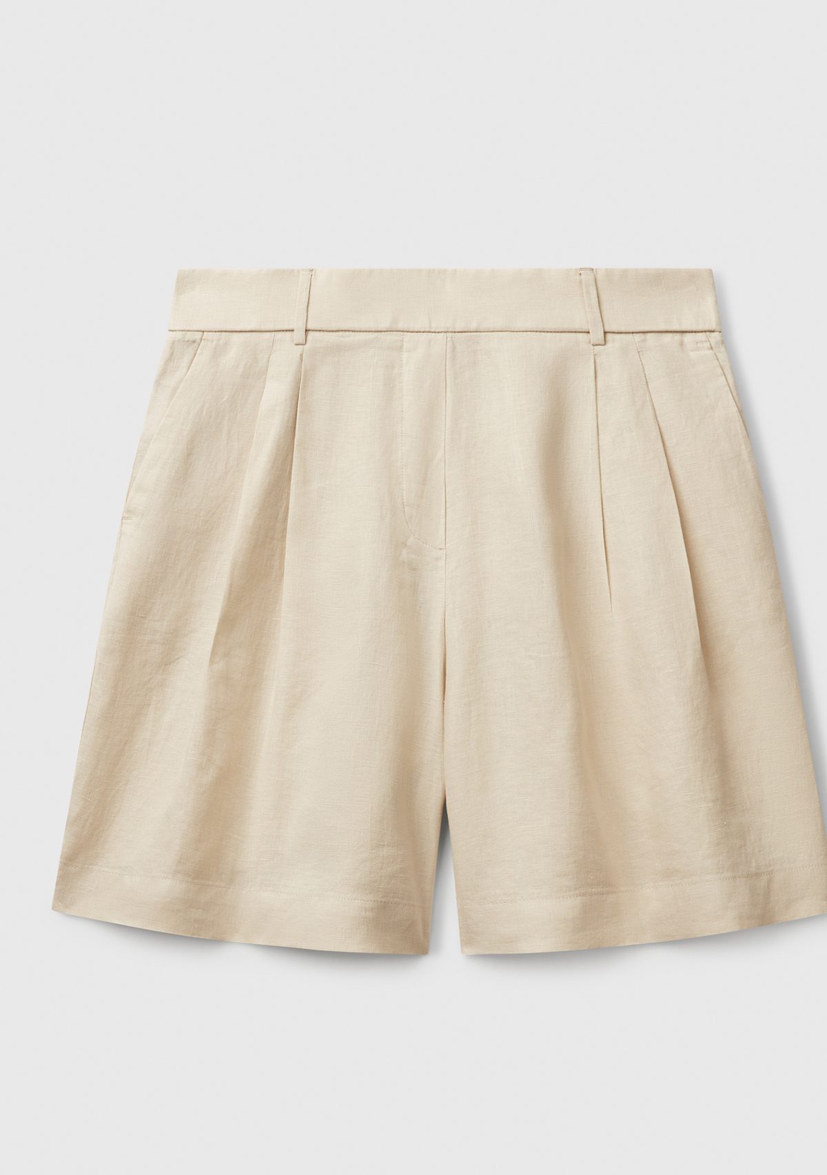 United Colors Of Benetton Kadın Taş %100 Keten Arka Beli Lastikli Pileli Relax Fit Bermuda Şort