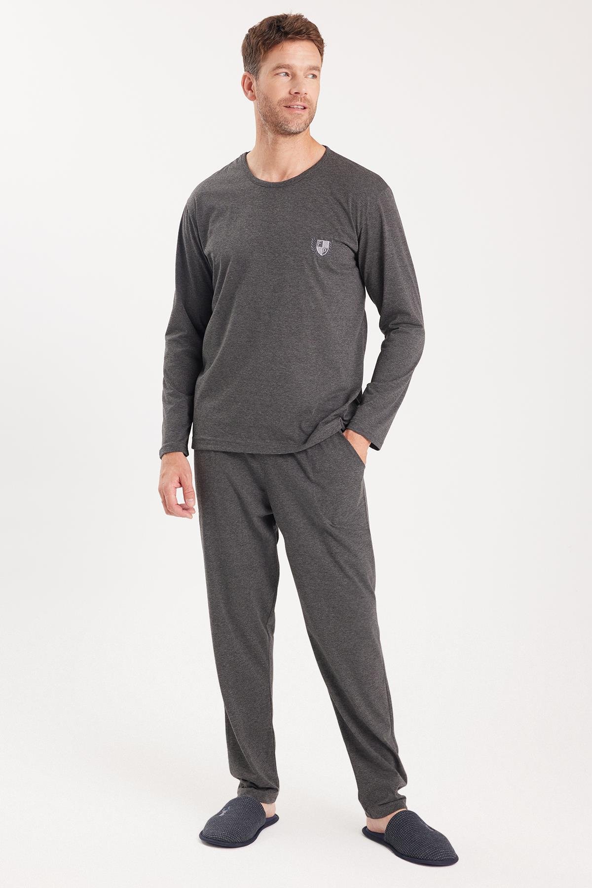 TUDORS Erkek Standart Fit %100 Pamuk Bisiklet Yaka Beli Lastikli Antrasit Pijama Takımı