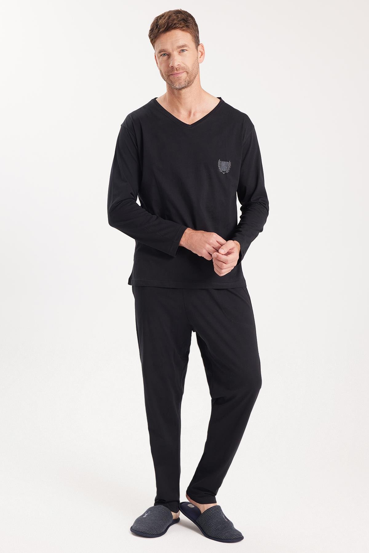 TUDORS Erkek Standart Fit %100 Pamuk V Yaka Beli Lastikli Siyah Pijama Takımı