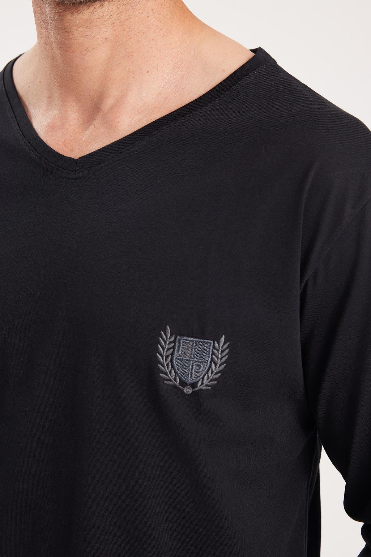 TUDORS Erkek Standart Fit %100 Pamuk V Yaka Beli Lastikli Siyah Pijama Takımı görsel 3