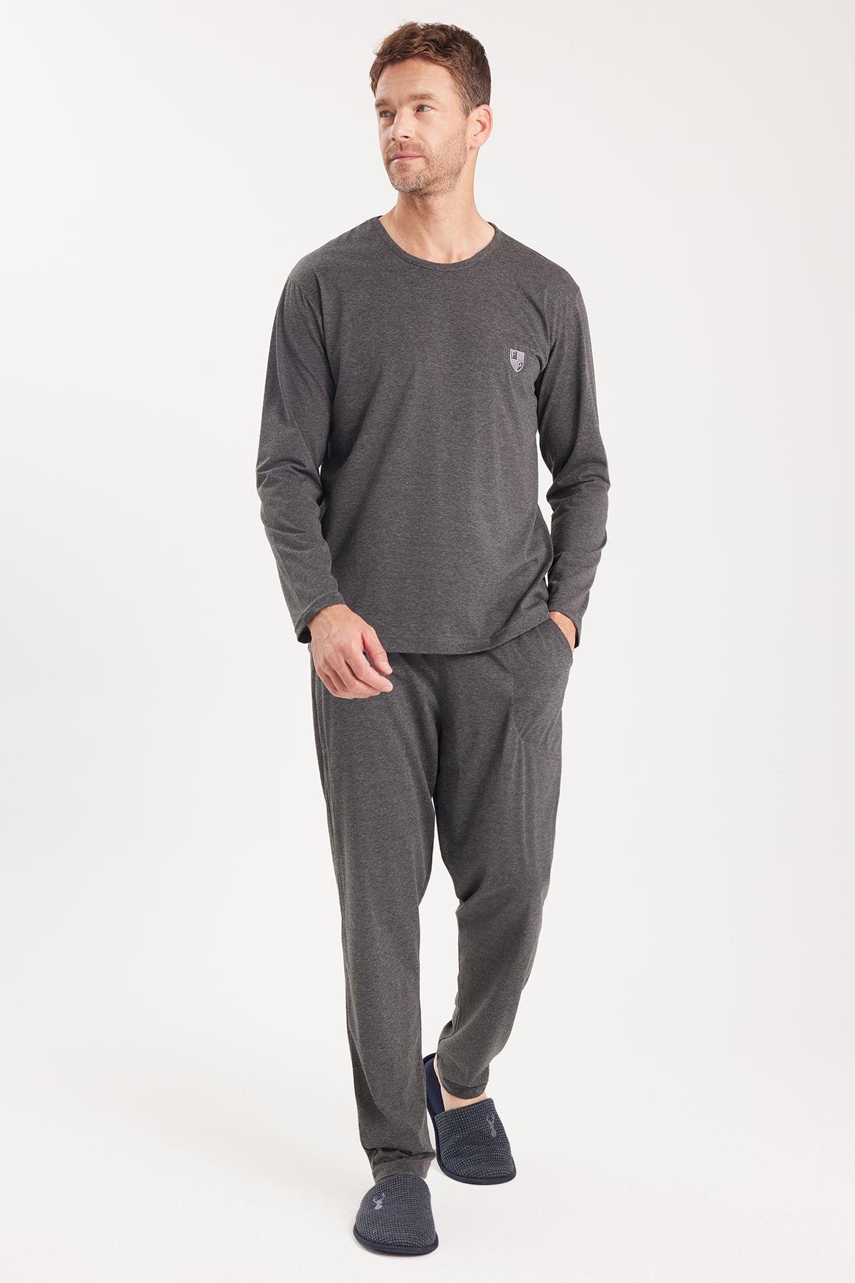 TUDORS Erkek Standart Fit %100 Pamuk Bisiklet Yaka Beli Lastikli Antrasit Pijama Takımı görsel 4