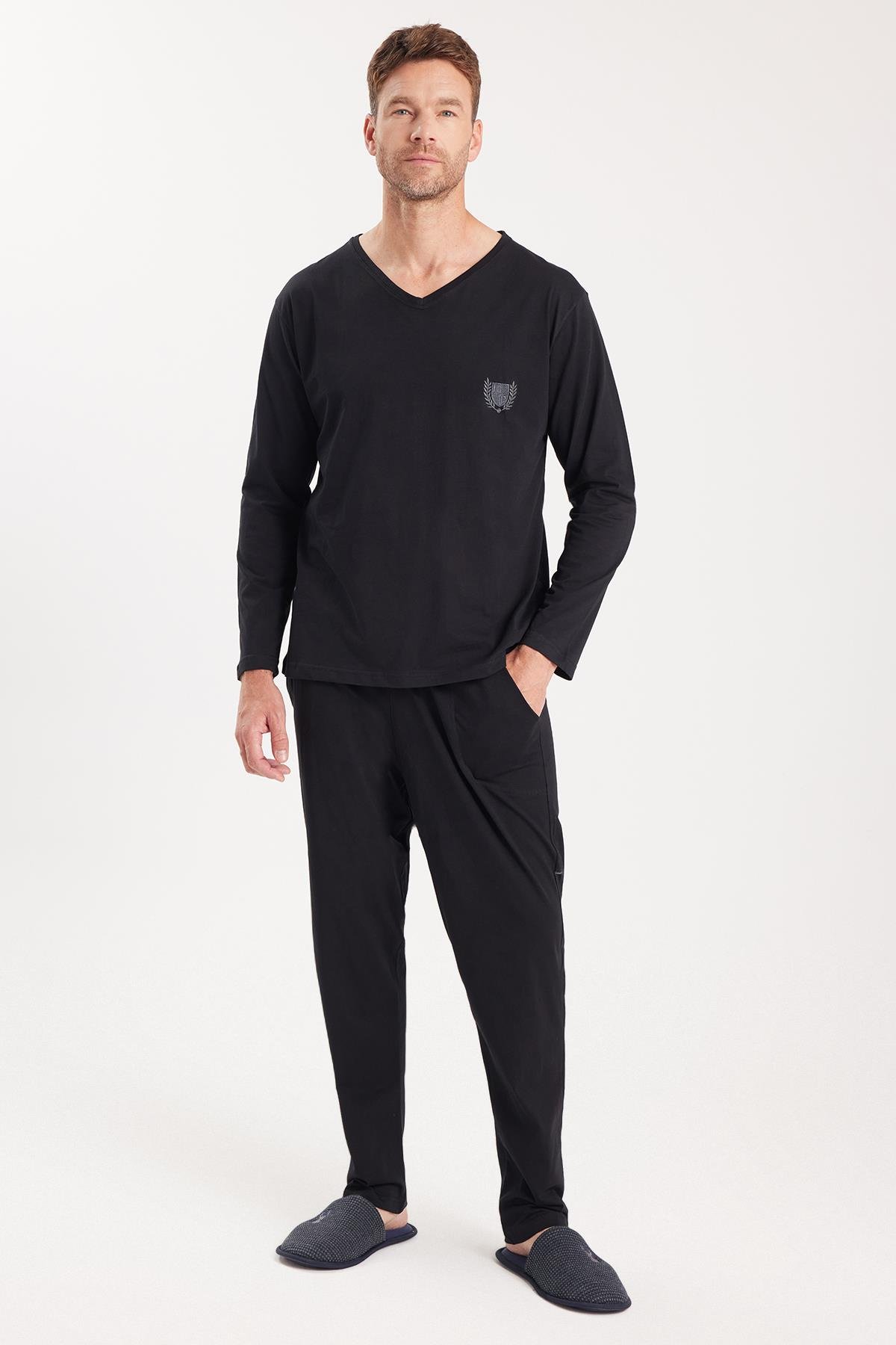 TUDORS Erkek Standart Fit %100 Pamuk V Yaka Beli Lastikli Siyah Pijama Takımı görsel 4