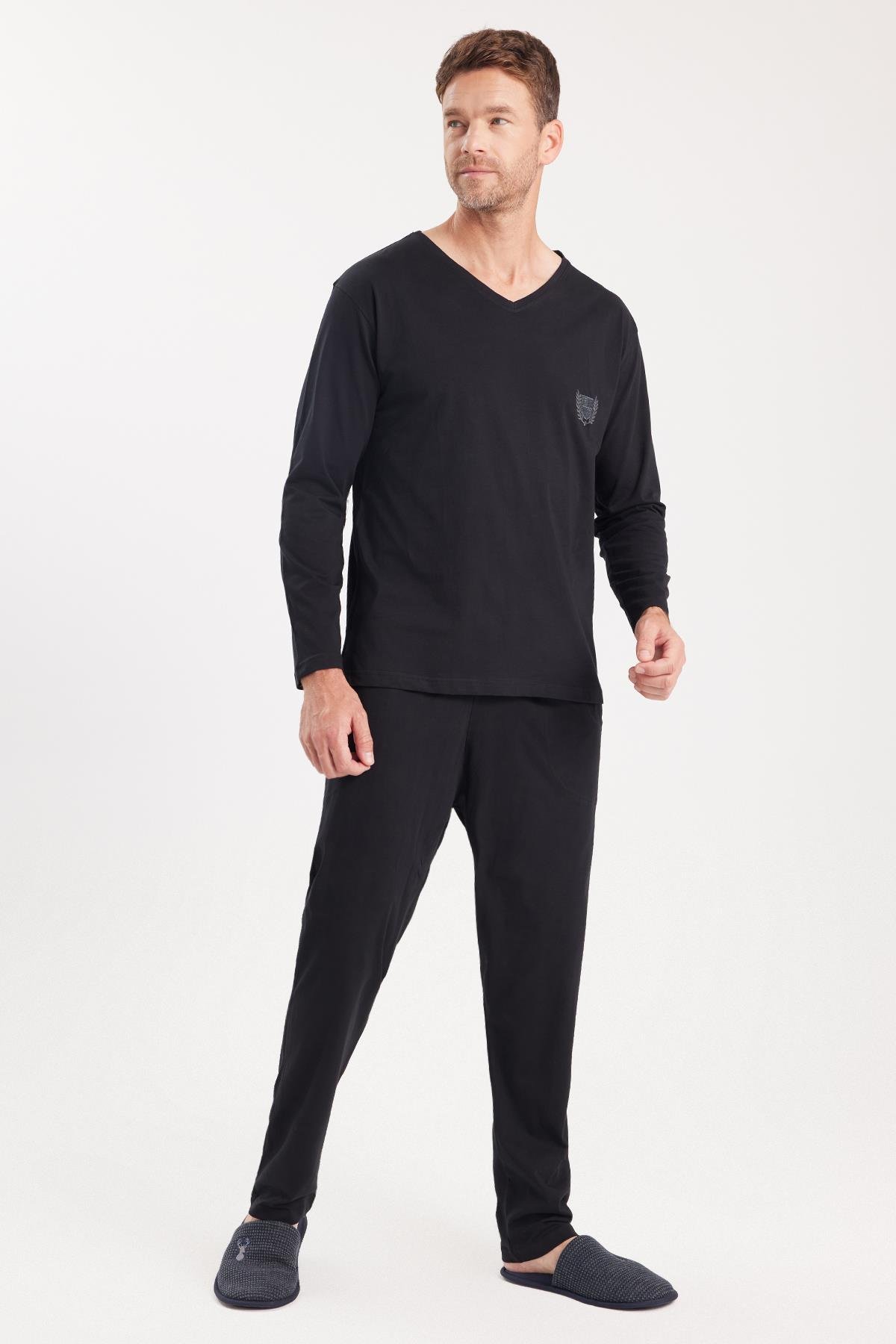 TUDORS Erkek Standart Fit %100 Pamuk V Yaka Beli Lastikli Siyah Pijama Takımı görsel 5