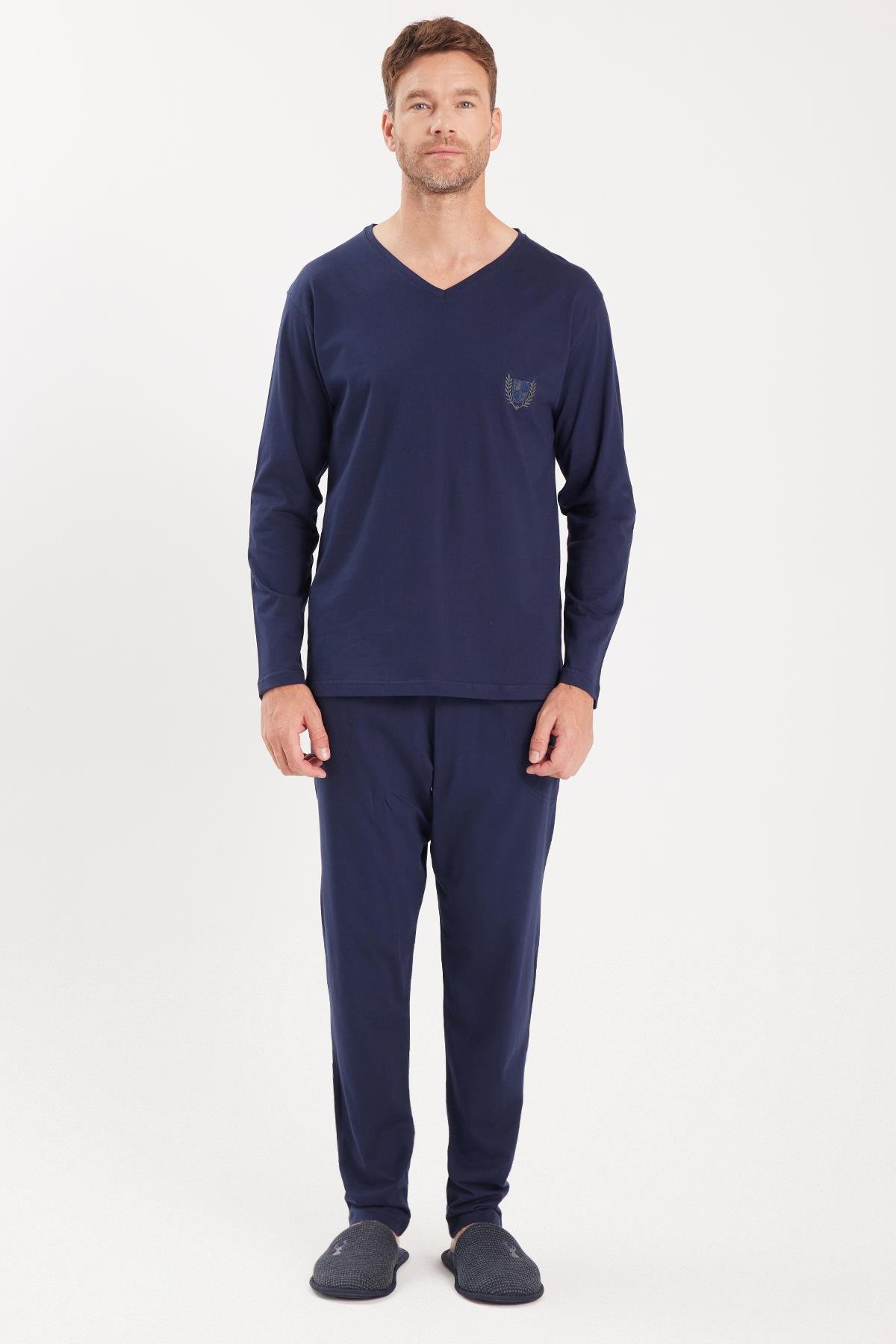 TUDORS Erkek Standart Fit %100 Pamuk V Yaka Beli Lastikli Lacivert Pijama Takımı